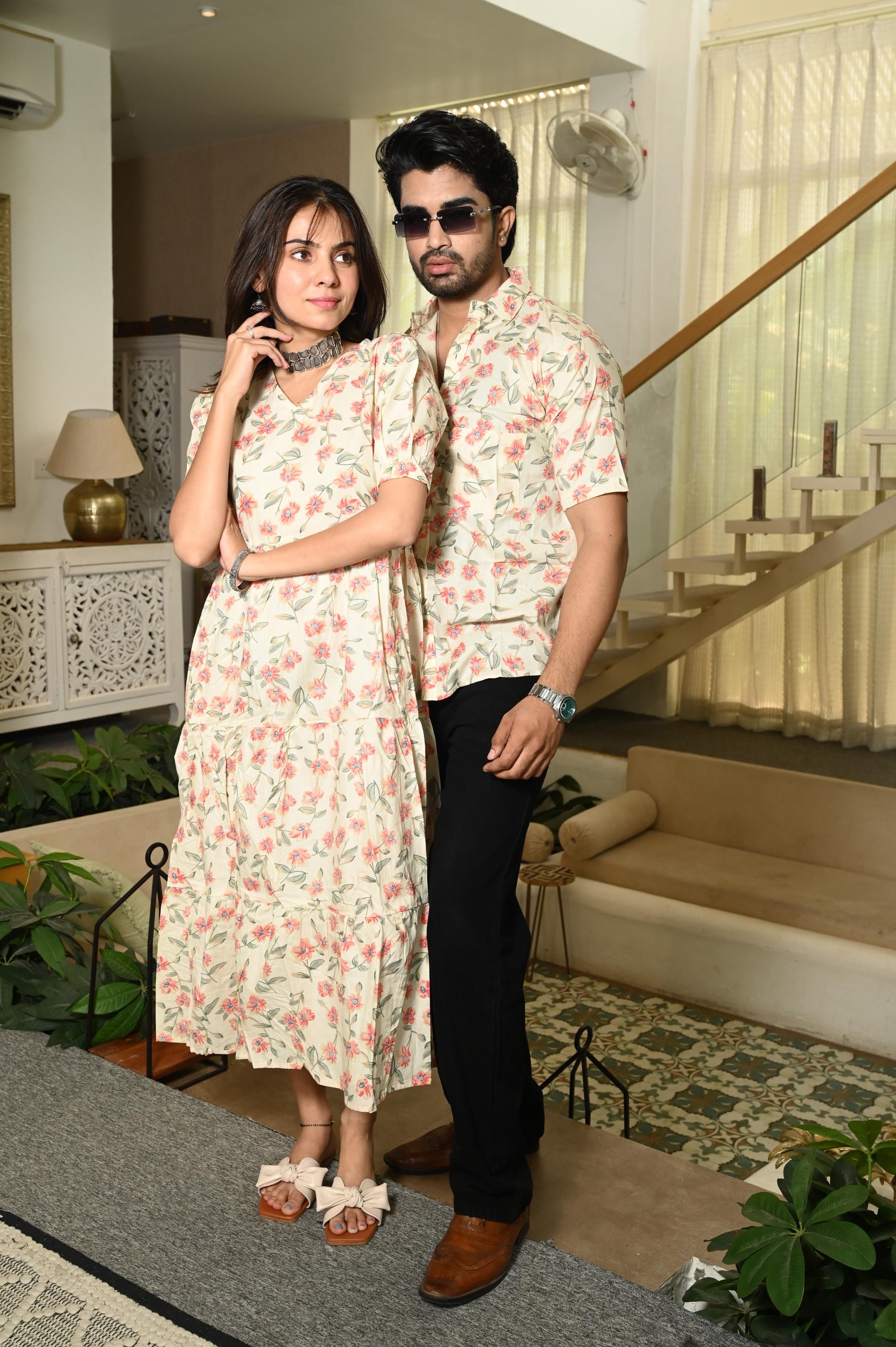 Cream Floral Hand Block Printed Pure Cotton Couple Matching Set