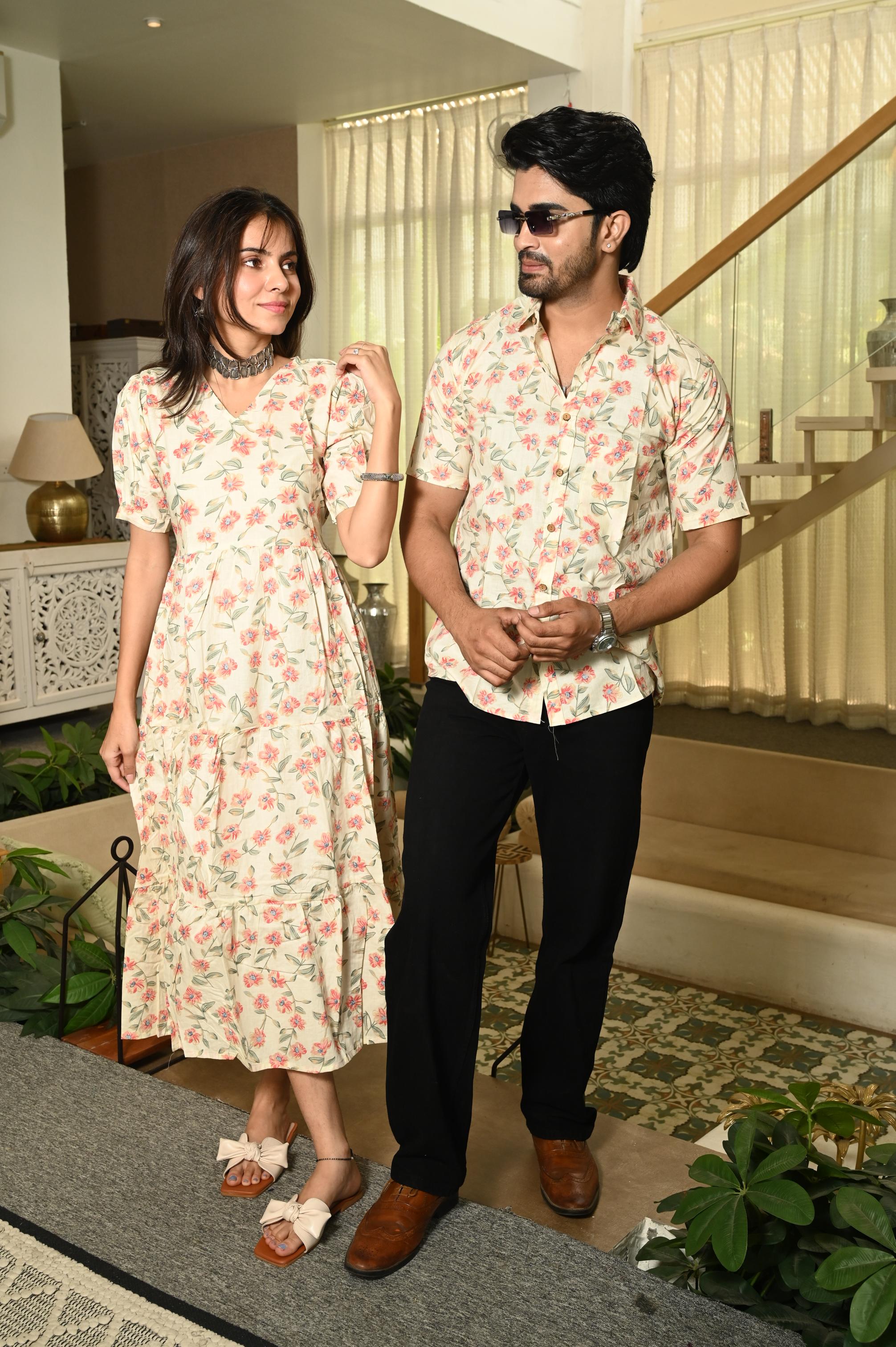 Cream Floral Hand Block Printed Pure Cotton Couple Matching Set