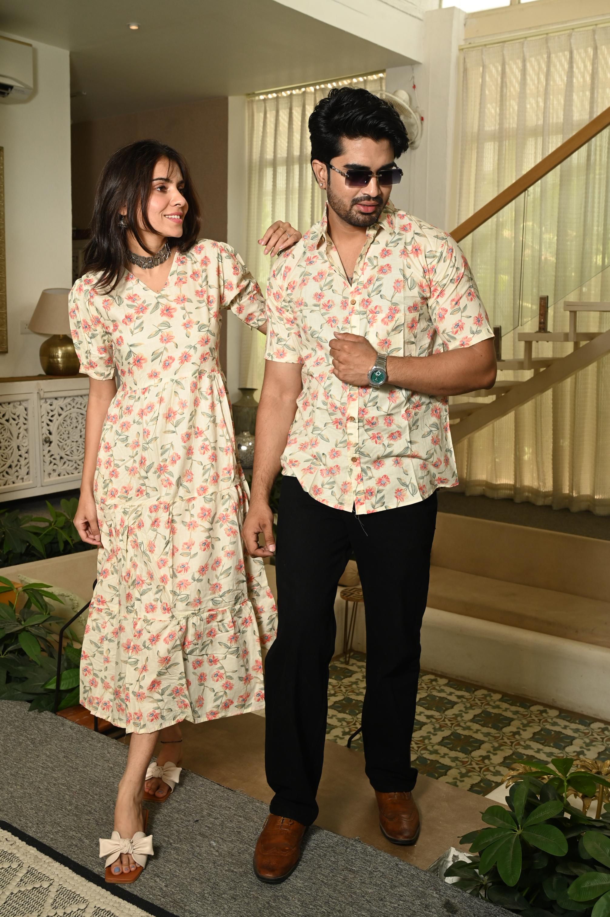 Cream Floral Hand Block Printed Pure Cotton Couple Matching Set