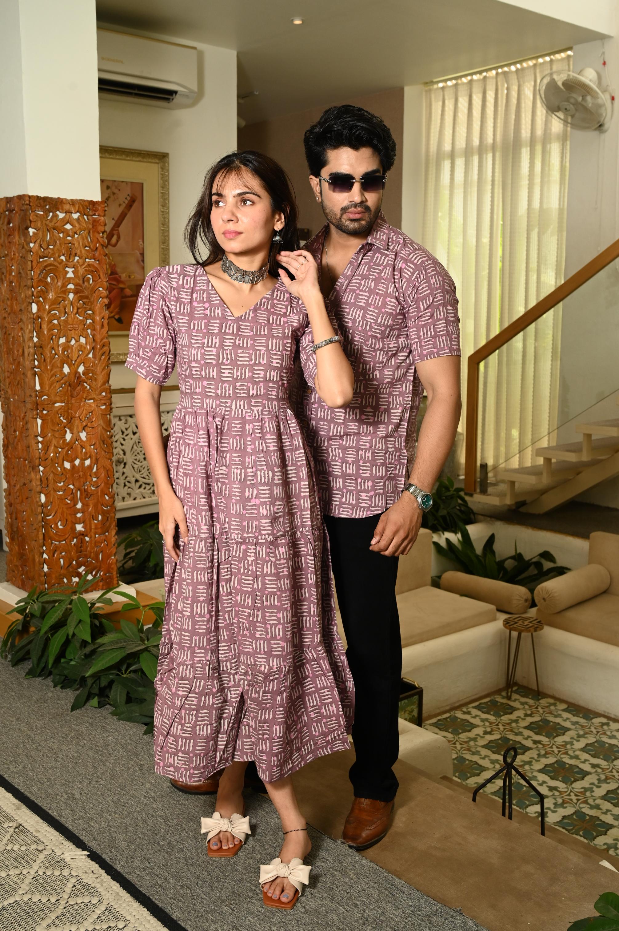 Dusty Mauve Abstract Block Print Pure Cotton Couple Matching Dress & Shirt Set