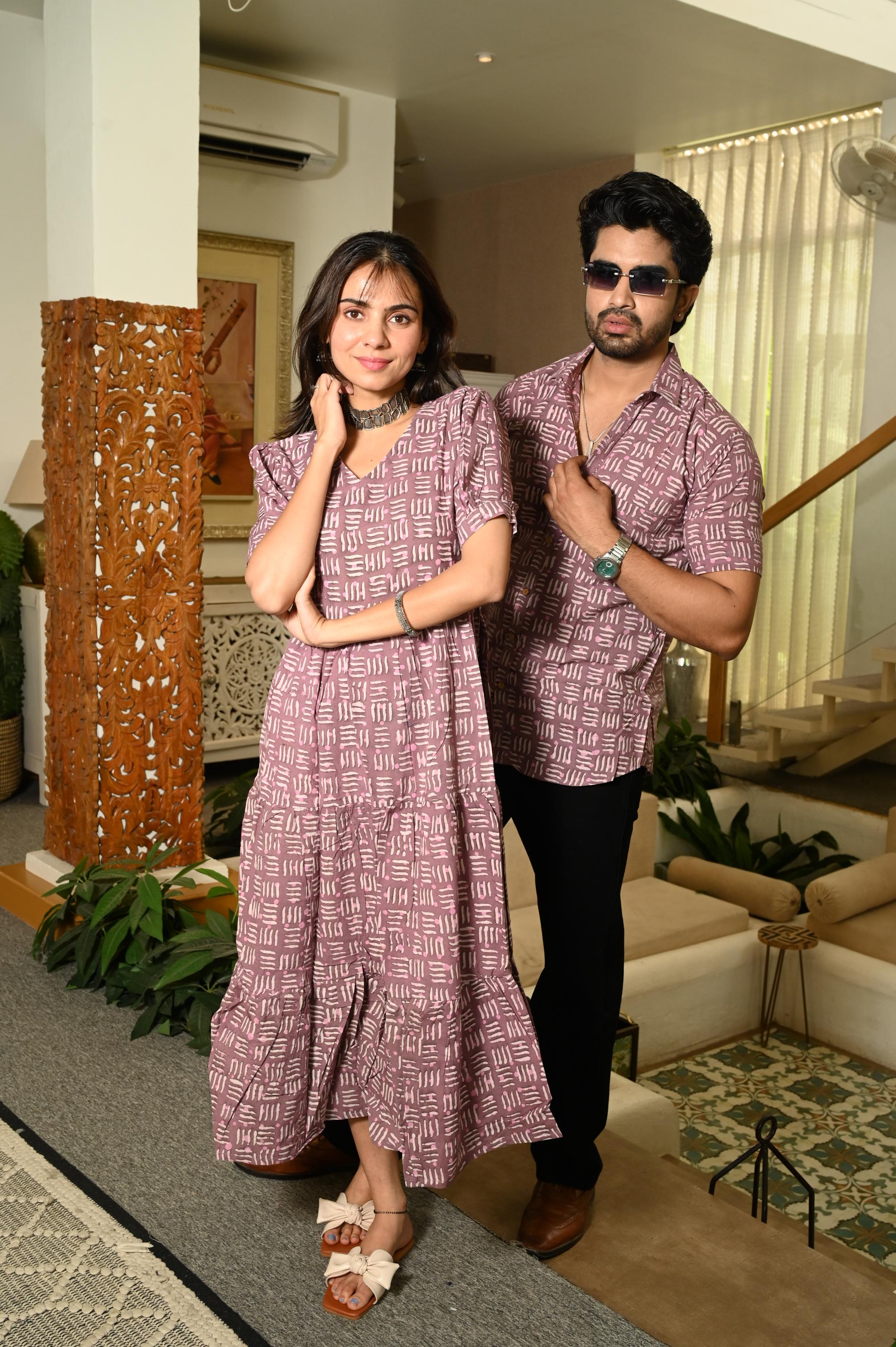 Dusty Mauve Abstract Block Print Pure Cotton Couple Matching Dress & Shirt Set