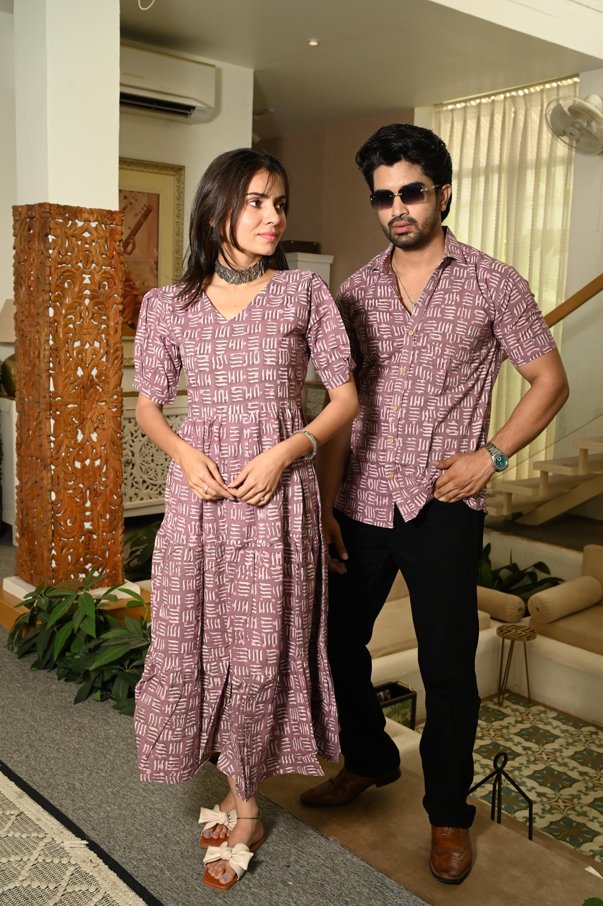 Dusty Mauve Abstract Block Print Pure Cotton Couple Matching Dress & Shirt Set