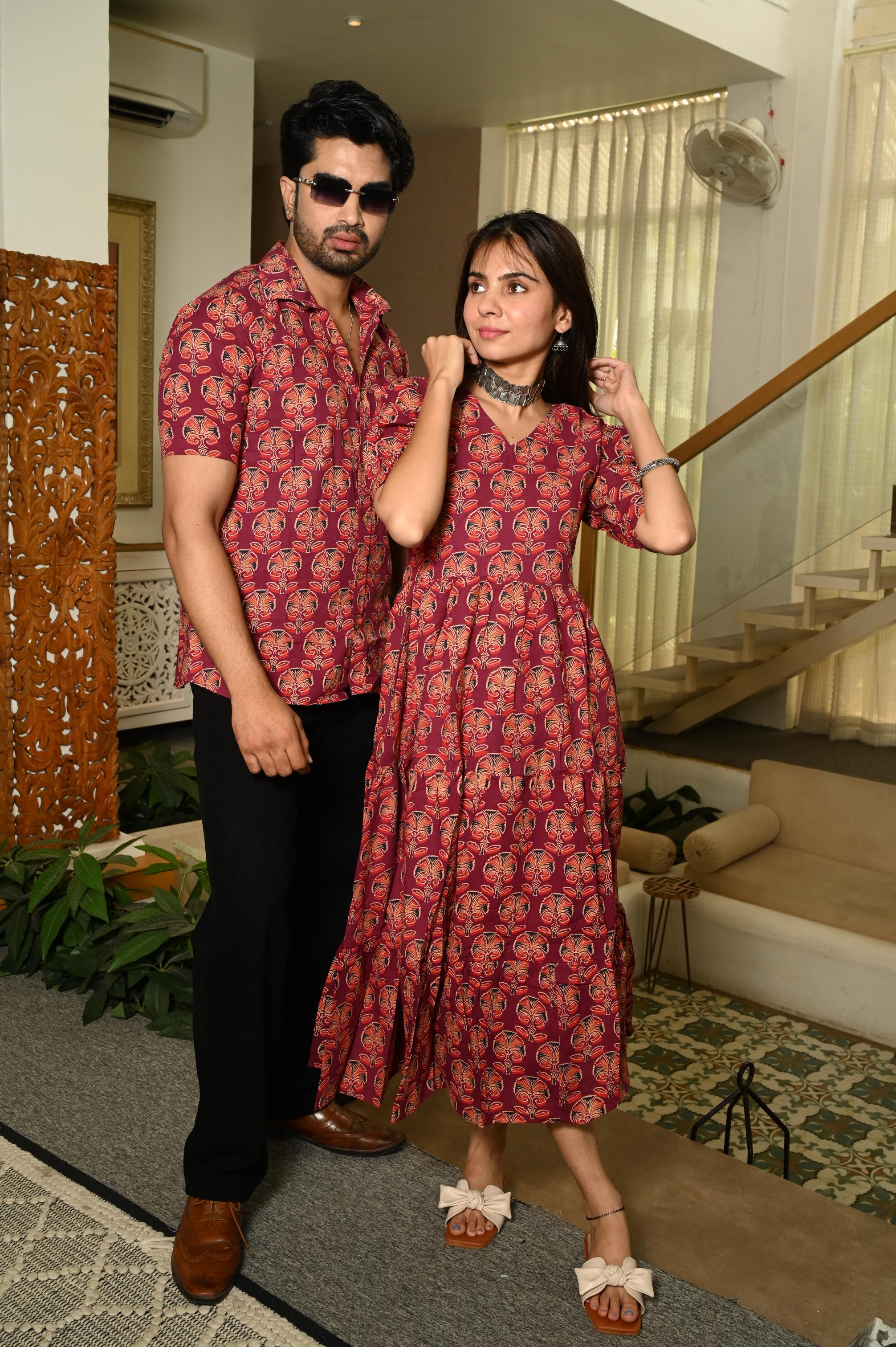 Maroon Floral Hand Block Printed Pure Cotton Couple Matching Set
