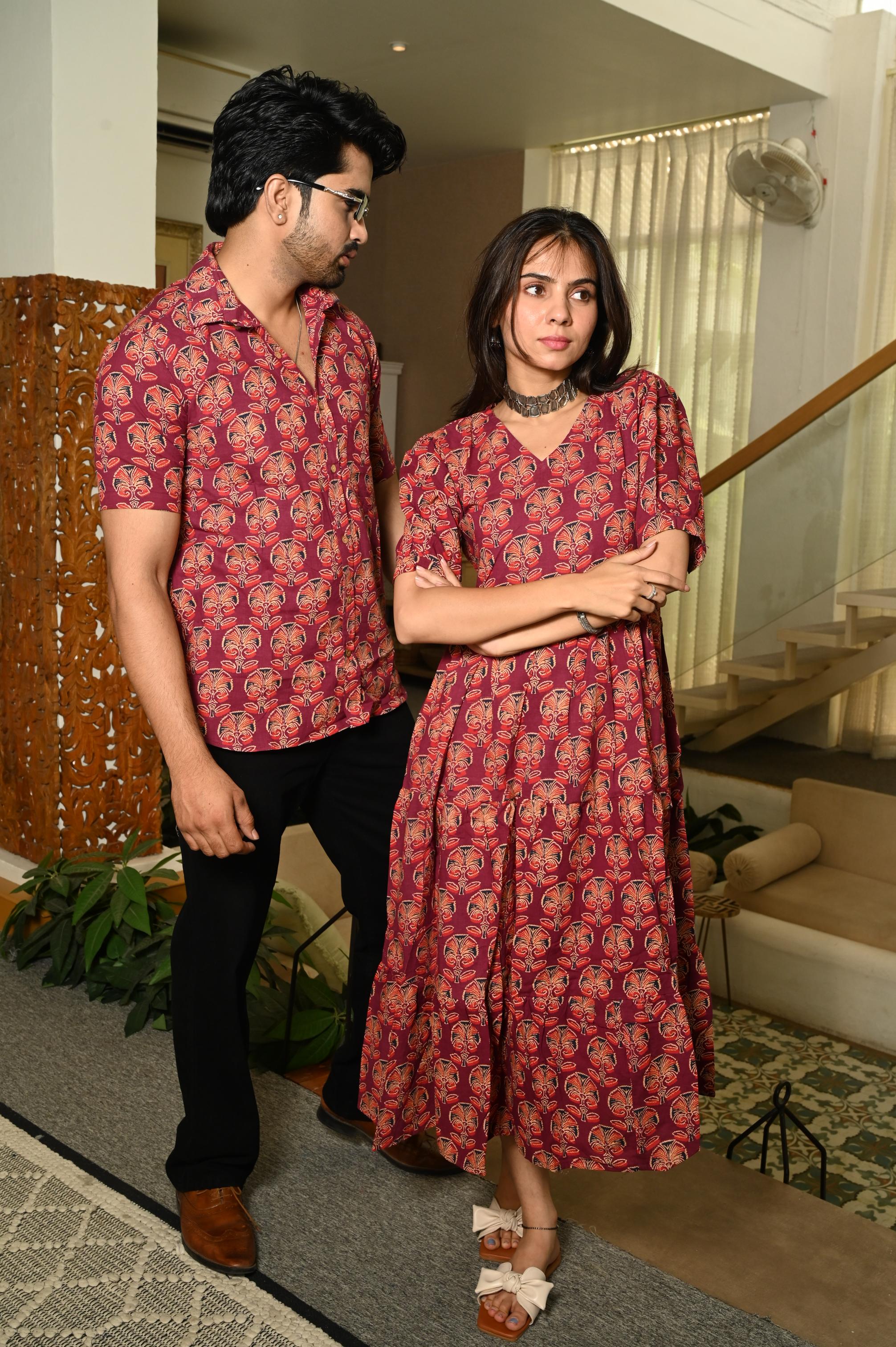 Maroon Floral Hand Block Printed Pure Cotton Couple Matching Set