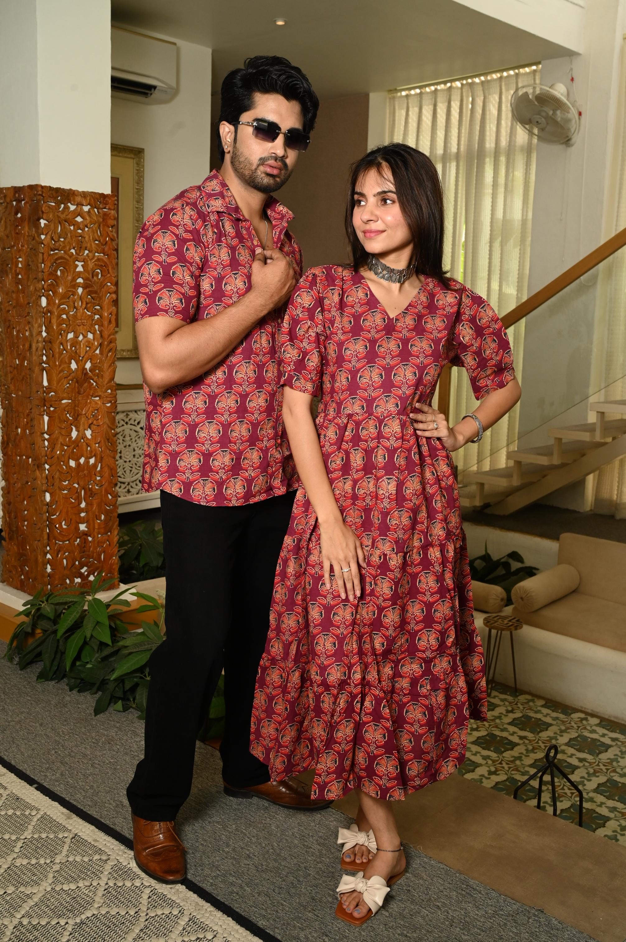 Maroon Floral Hand Block Printed Pure Cotton Couple Matching Set
