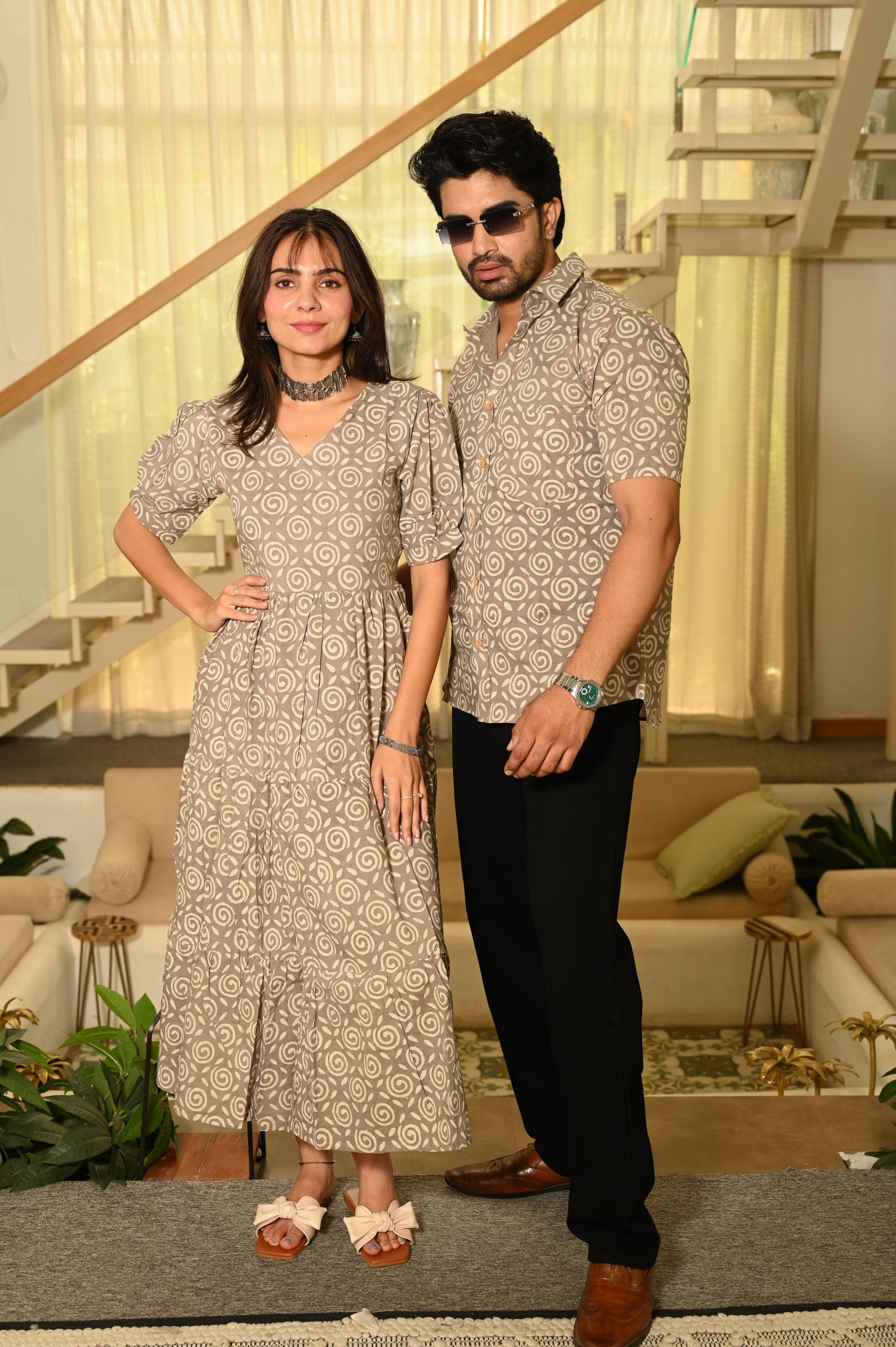 Taupe Swirl Hand Block Printed Pure Cotton Couple Matching Dress & Shirt Set