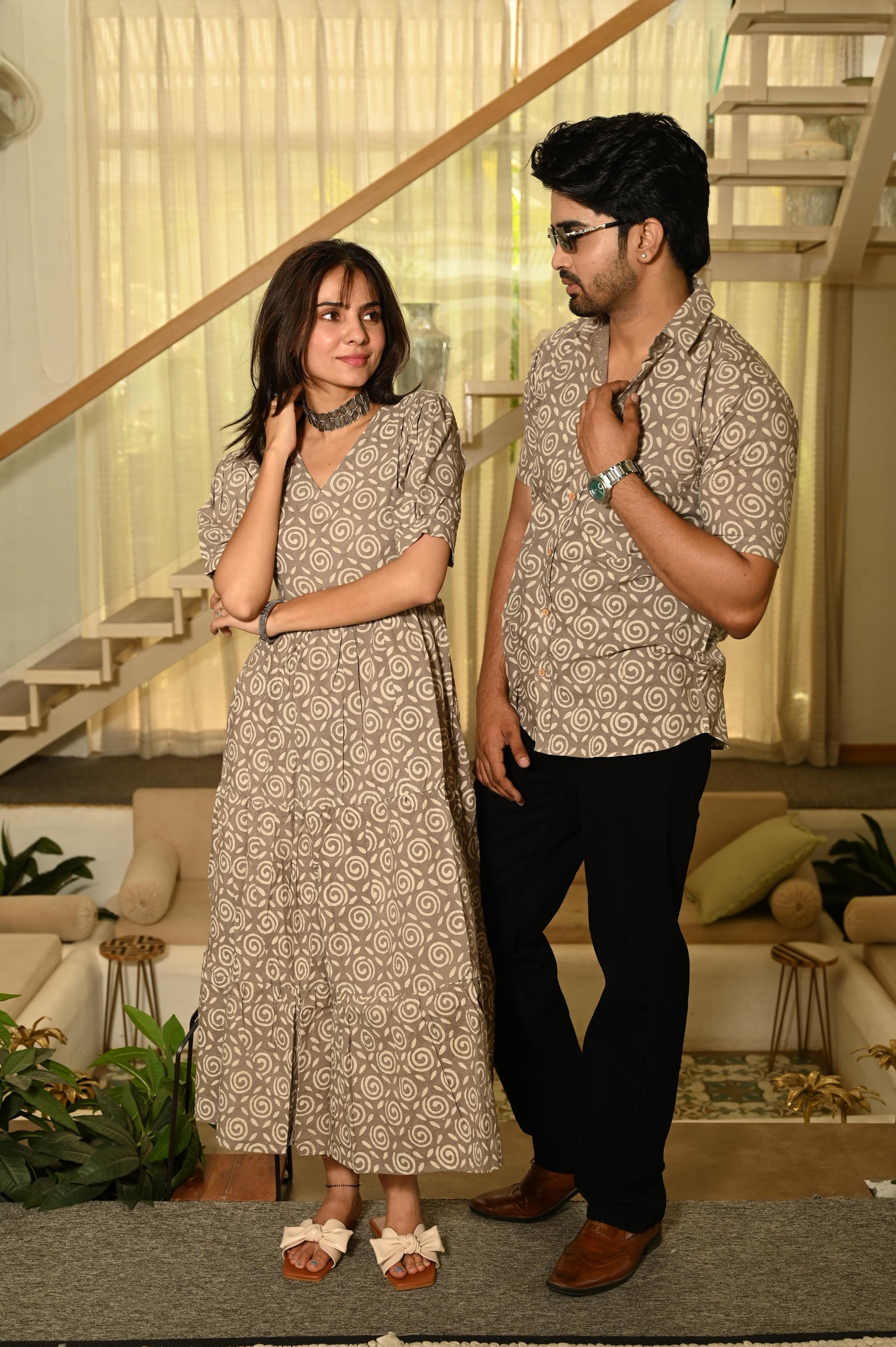 Taupe Swirl Hand Block Printed Pure Cotton Couple Matching Dress & Shirt Set