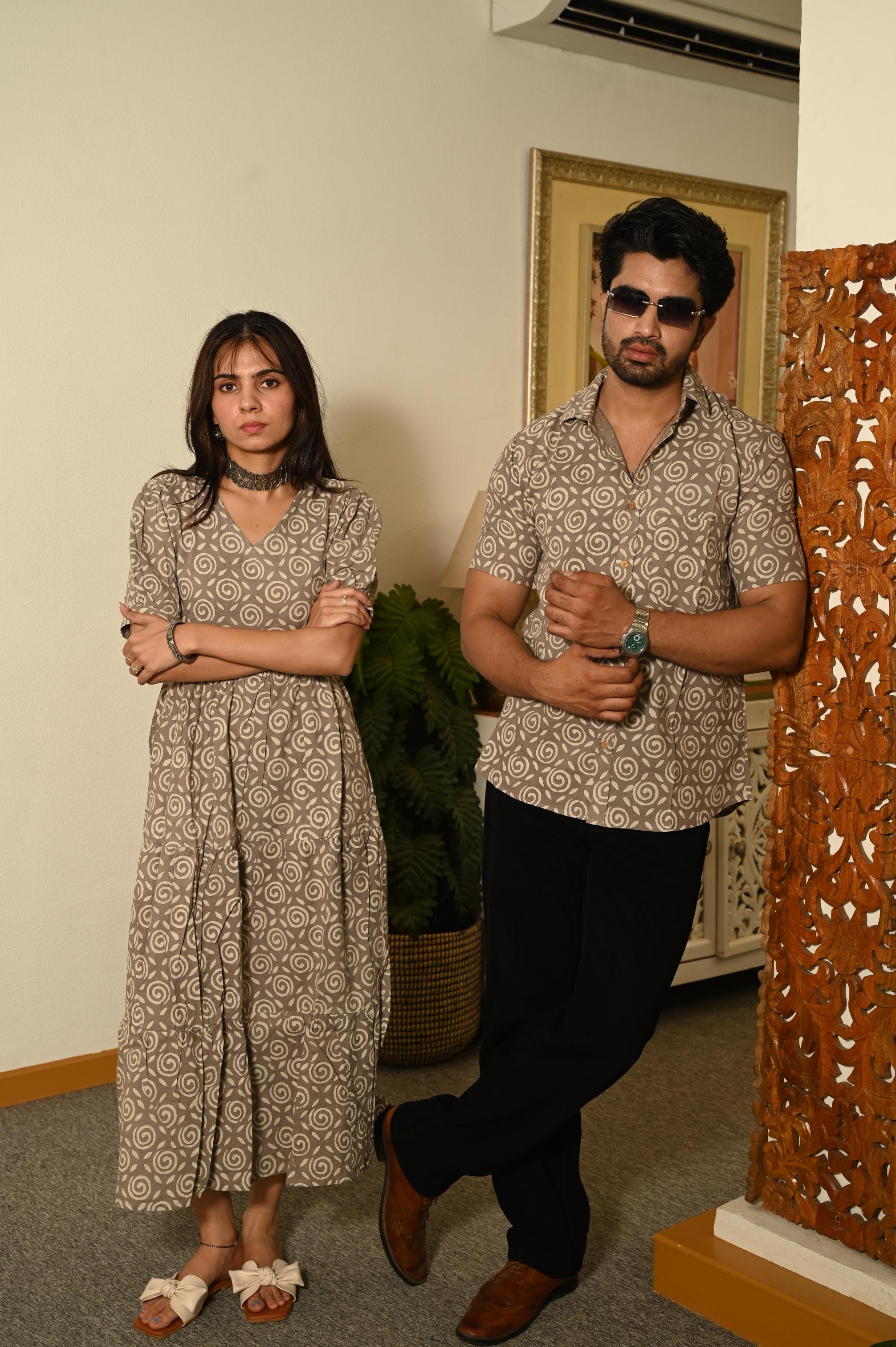 Taupe Swirl Hand Block Printed Pure Cotton Couple Matching Dress & Shirt Set