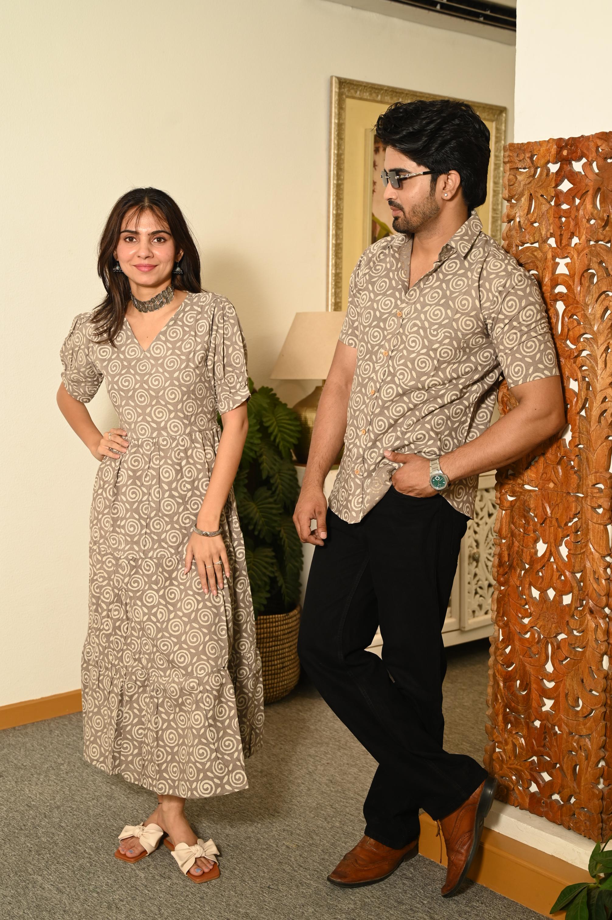Taupe Swirl Hand Block Printed Pure Cotton Couple Matching Dress & Shirt Set