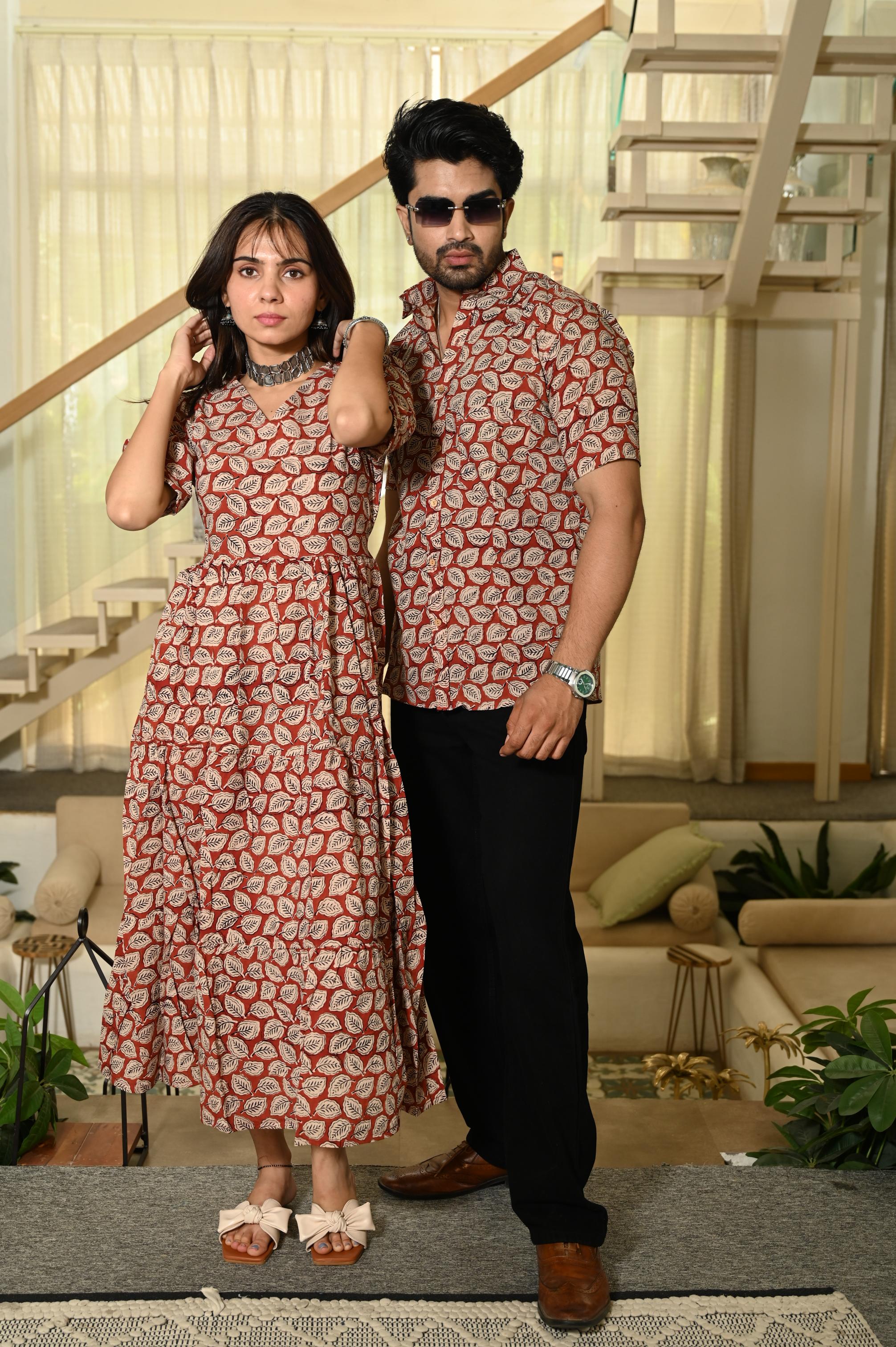 Rust Orange Leaf Hand Block Print Pure Cotton One Piece Dress & Men's Shirt Set