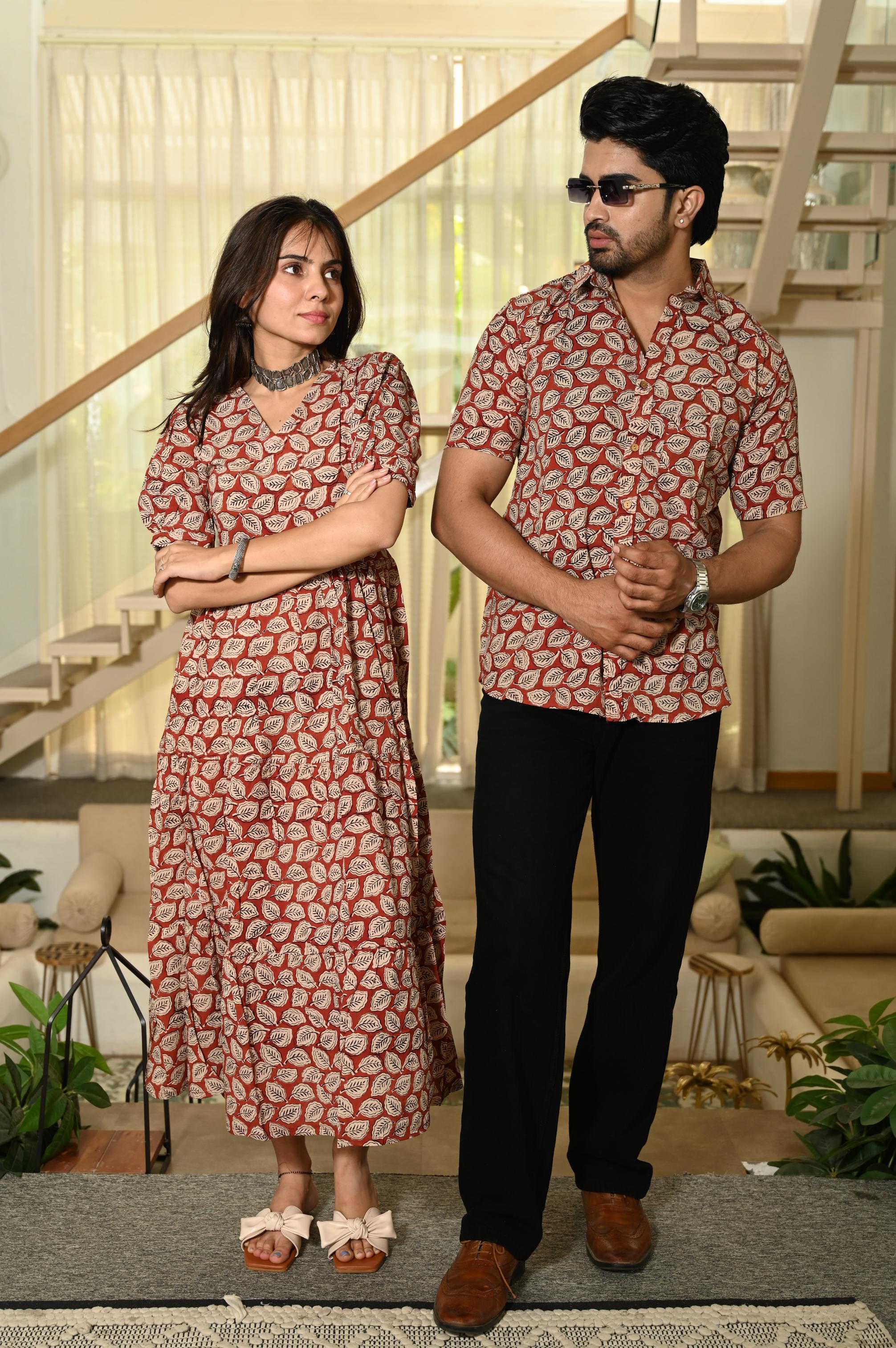 Rust Orange Leaf Hand Block Print Pure Cotton One Piece Dress & Men's Shirt Set