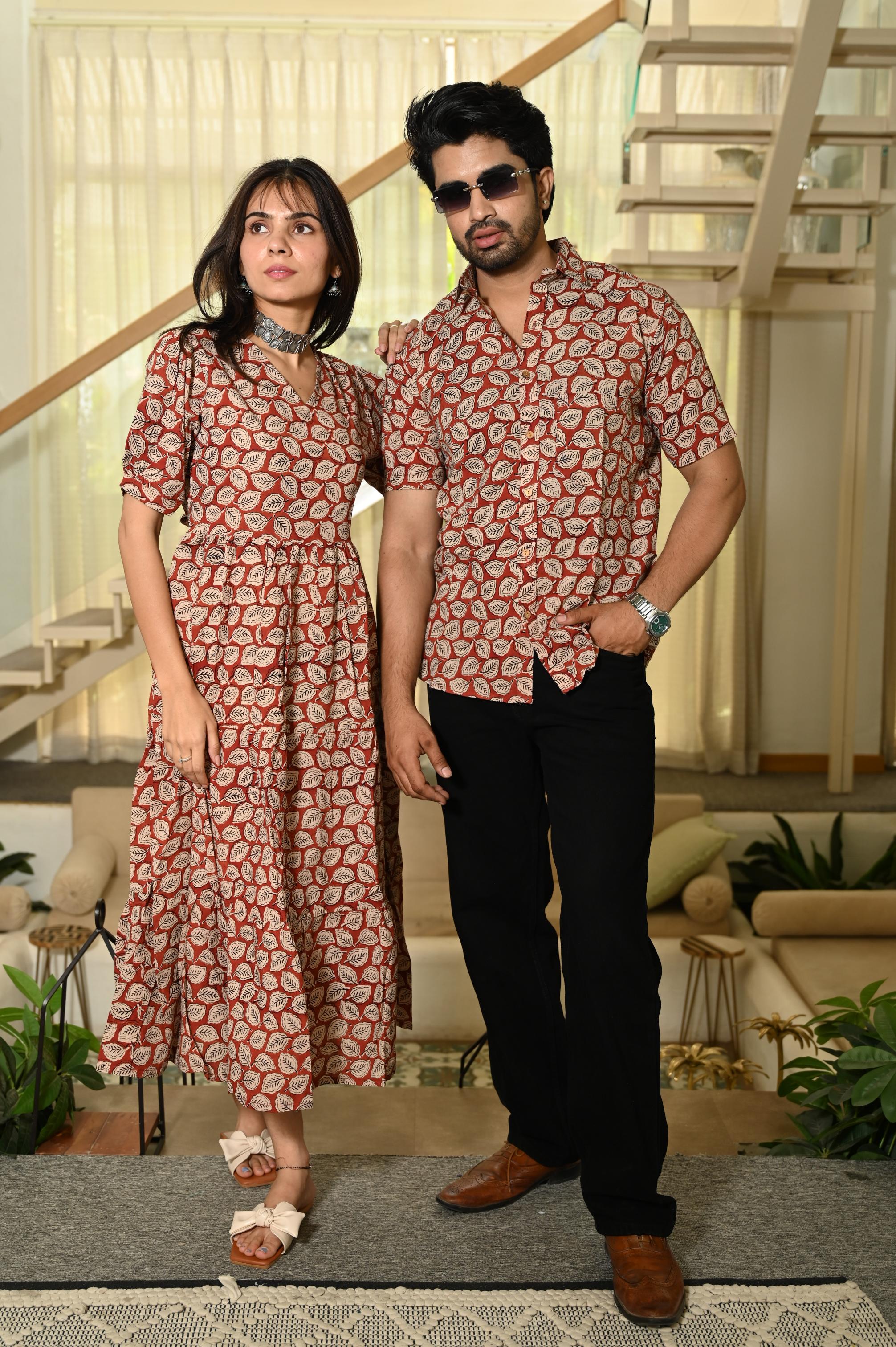 Rust Orange Leaf Hand Block Print Pure Cotton One Piece Dress & Men's Shirt Set