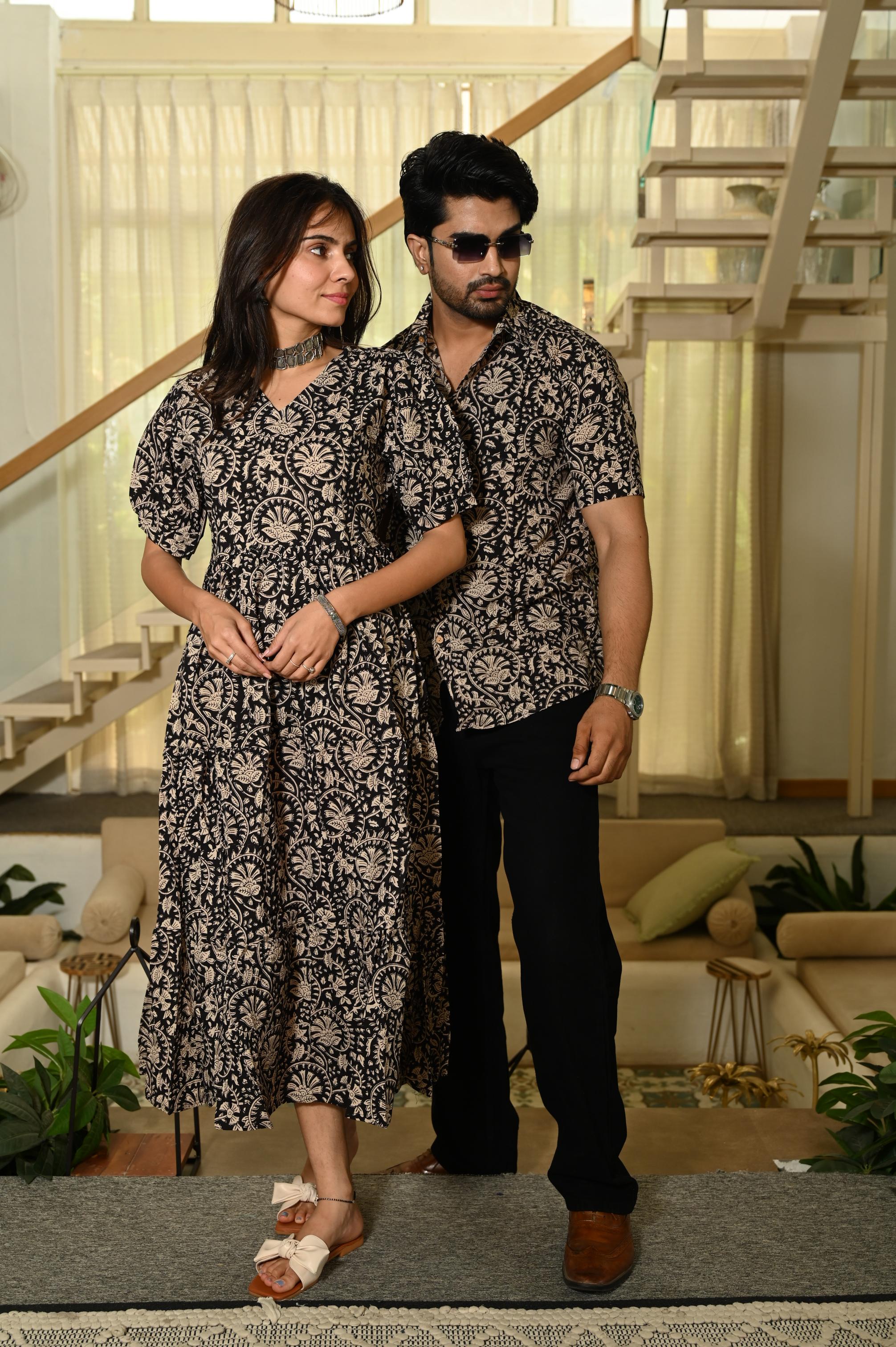 Black Floral Hand Block Print Pure Cotton One Piece Dress & Men's Shirt Set