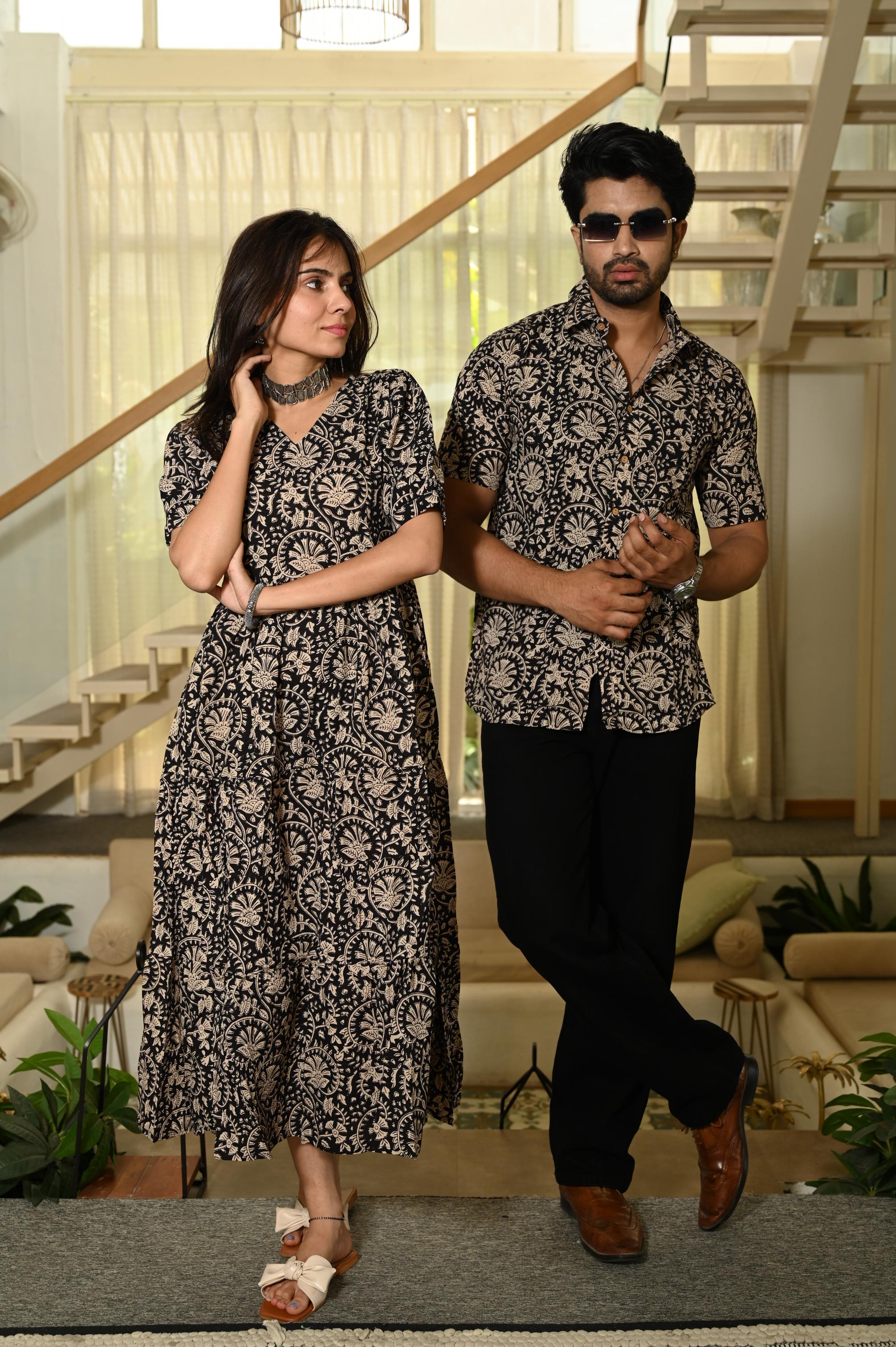 Black Floral Hand Block Print Pure Cotton One Piece Dress & Men's Shirt Set