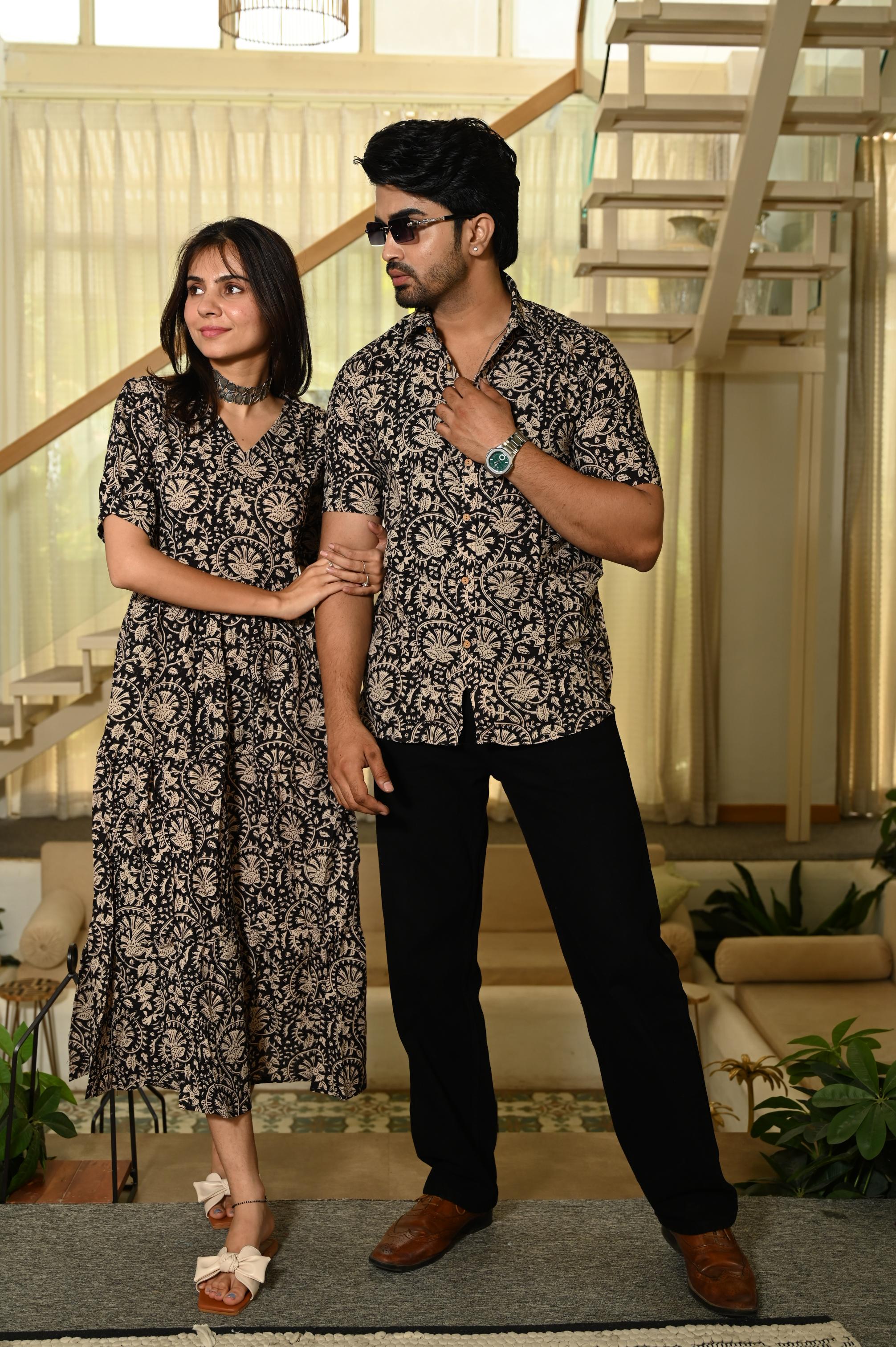 Black Floral Hand Block Print Pure Cotton One Piece Dress & Men's Shirt Set