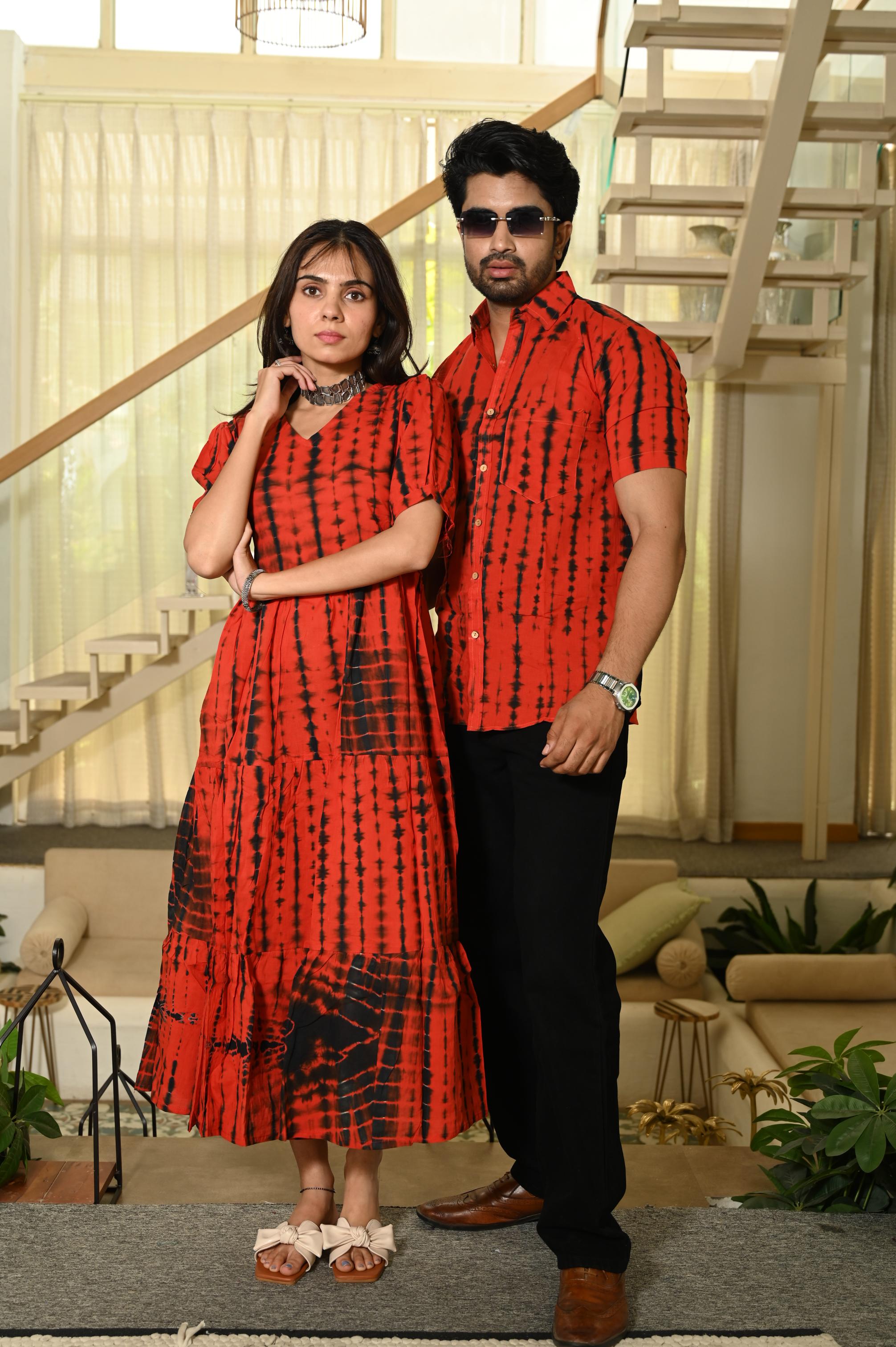 Red Tie-Dye Cotton One Piece Dress & Shirt Set | Kimaari Red Tie-Dye Cotton One Piece Dress & Shirt Set | Kimaari