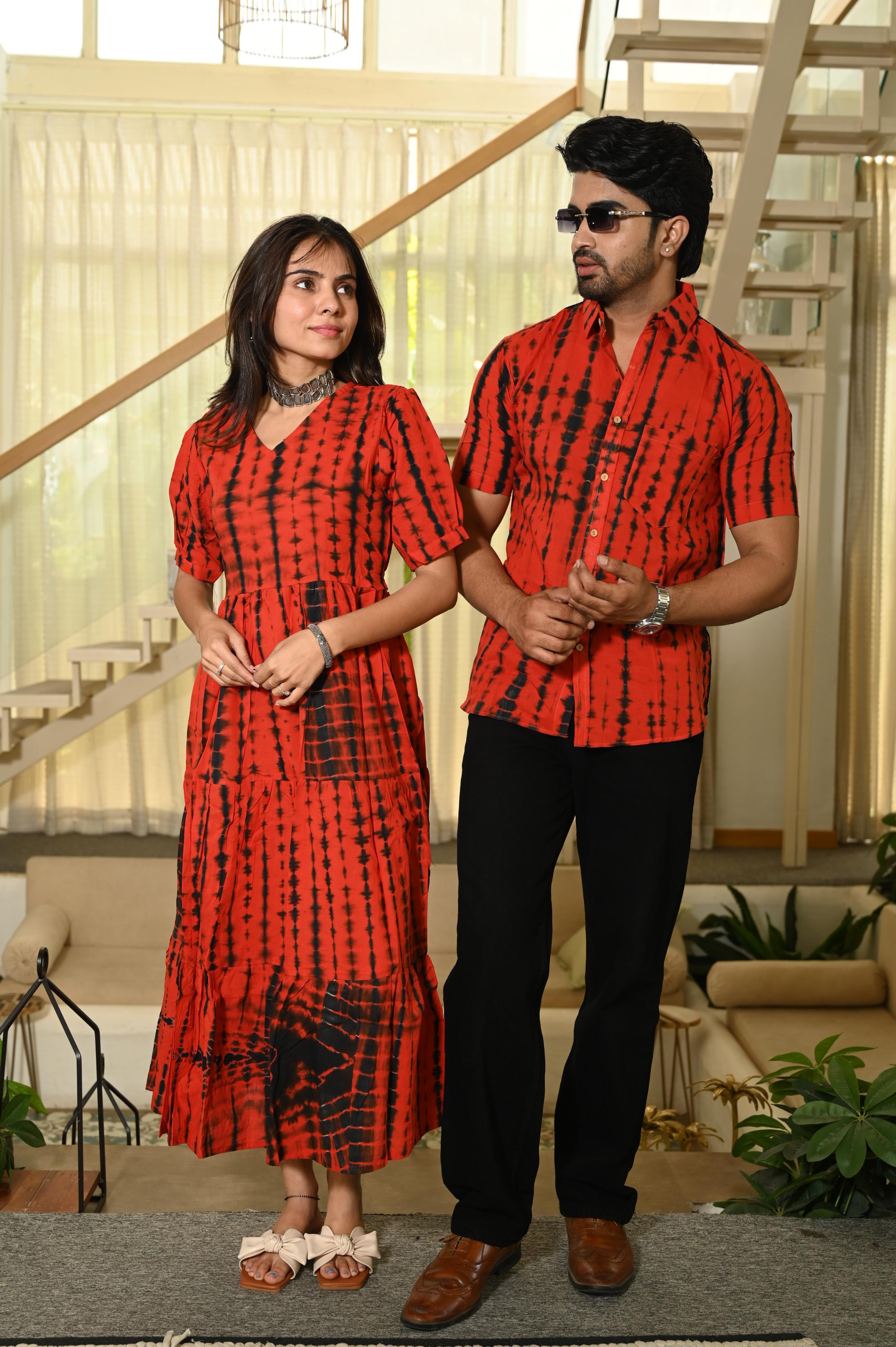 Red and Black Tie-Dye Shibori Print Pure Cotton One Piece Dress & Men's Shirt Set