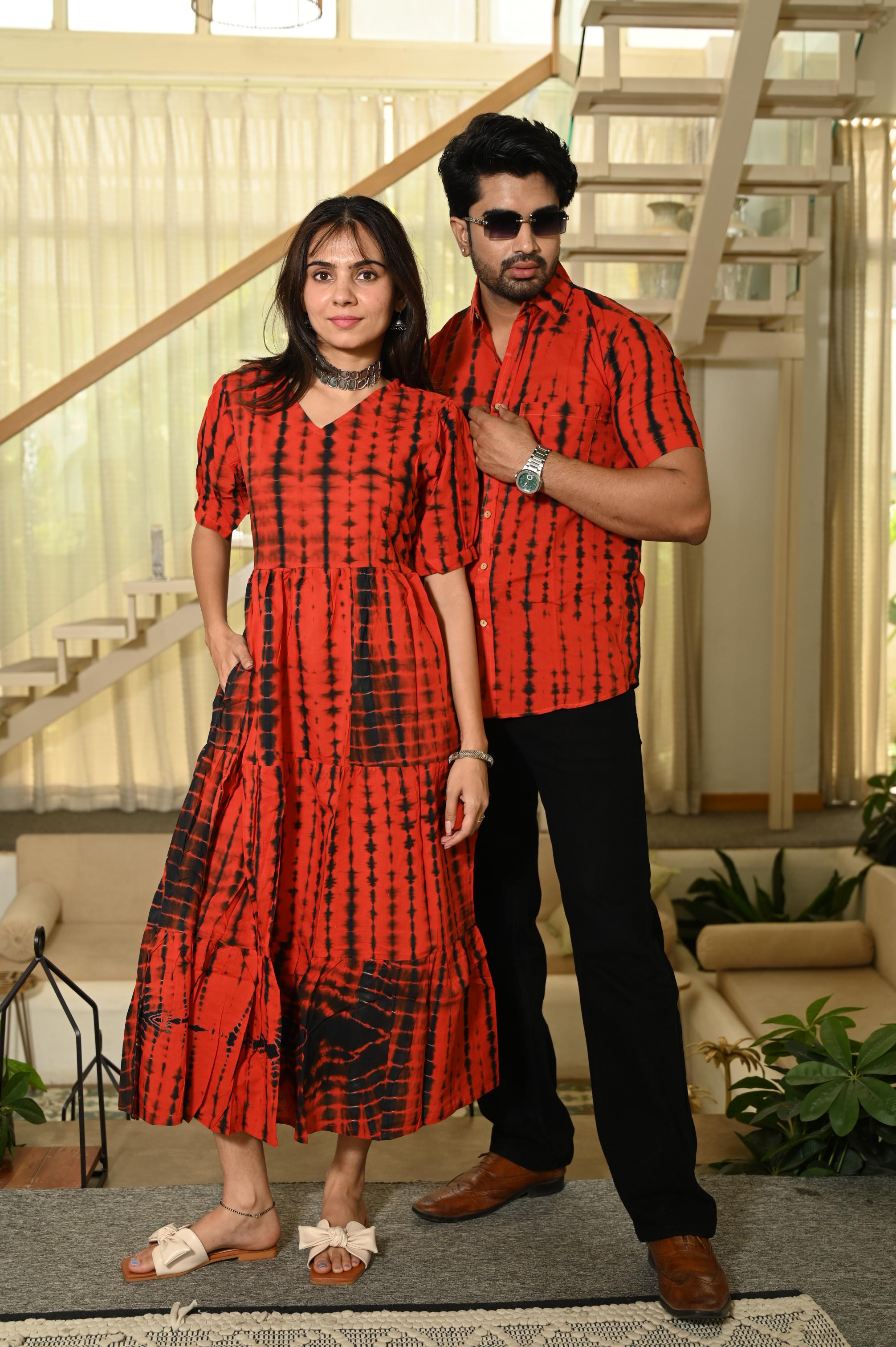 Red and Black Tie-Dye Shibori Print Pure Cotton One Piece Dress & Men's Shirt Set