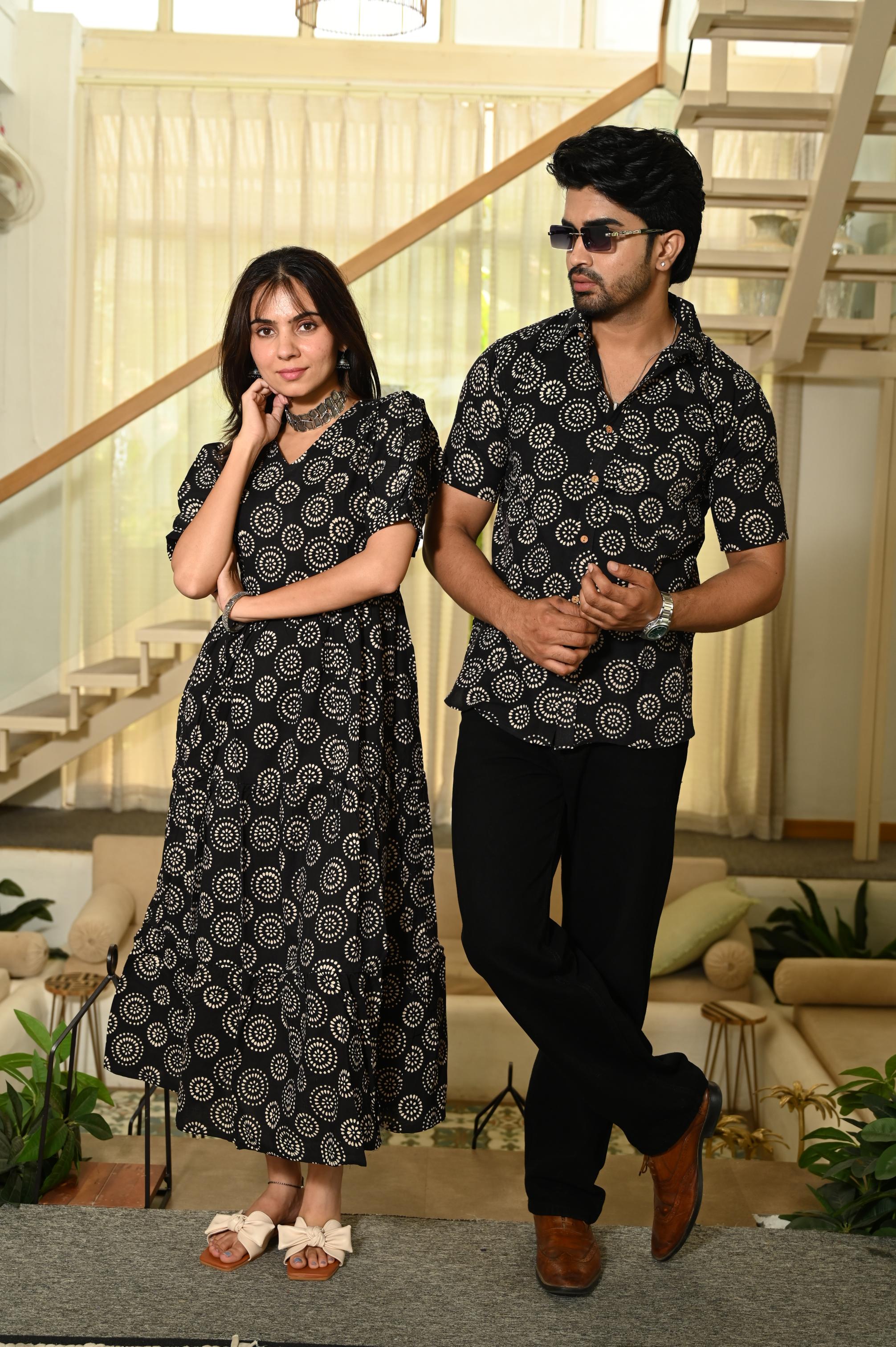 Black Mandala Block Print Pure Cotton One Piece Dress & Men's Shirt Set