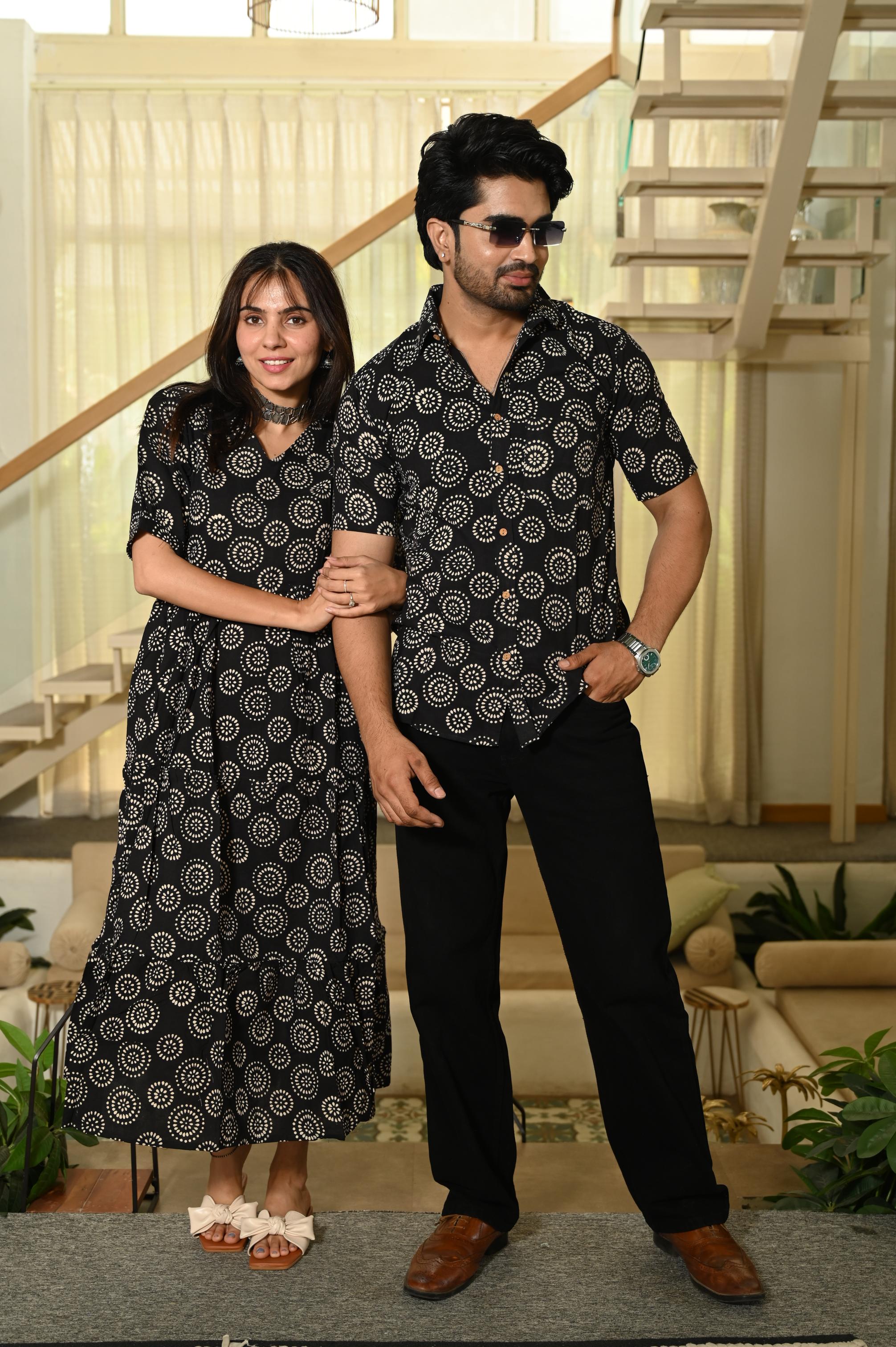 Black Mandala Block Print Pure Cotton One Piece Dress & Men's Shirt Set
