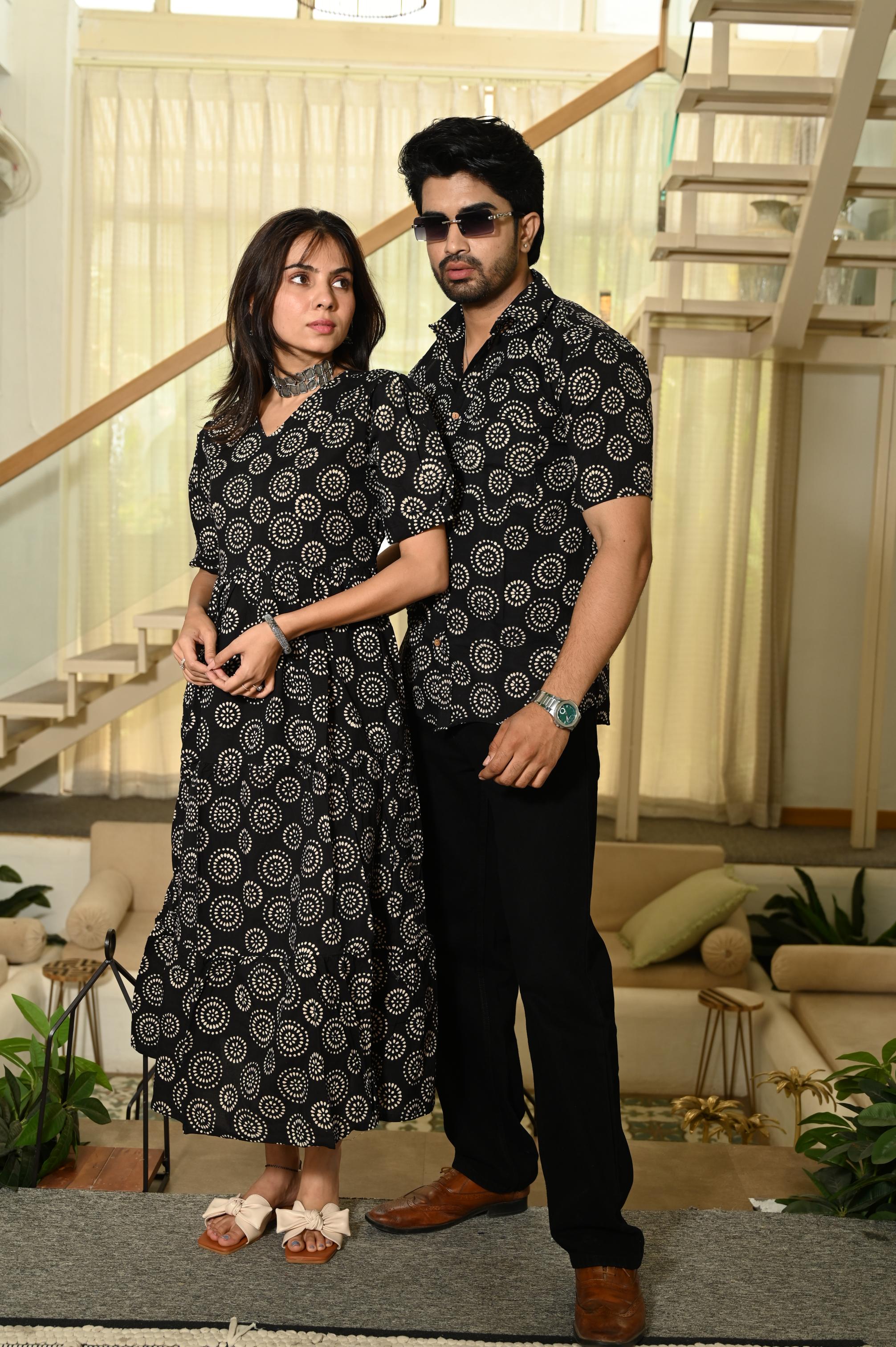 Black Mandala Block Print Pure Cotton One Piece Dress & Men's Shirt Set