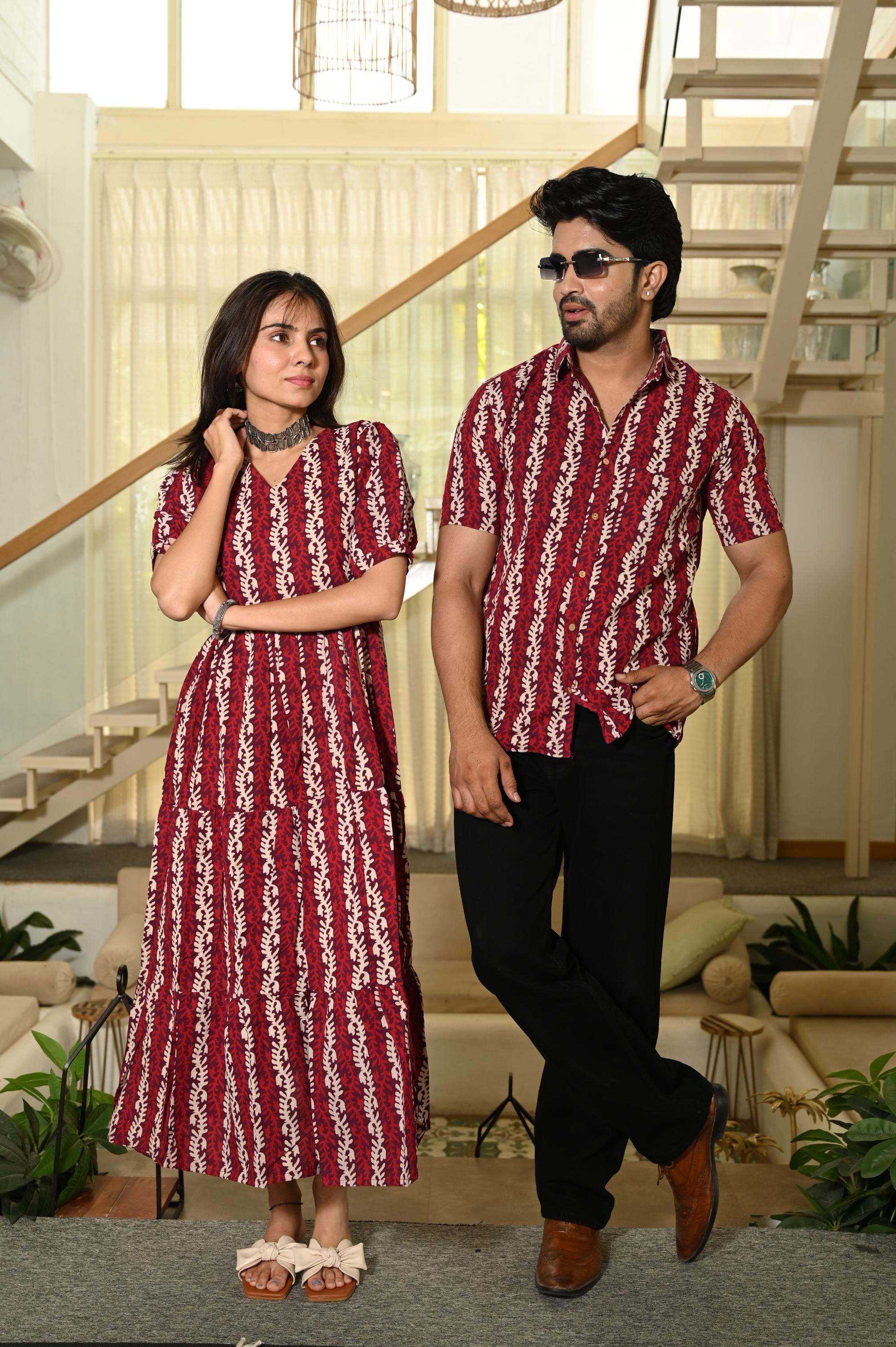 Maroon Vine Hand Block Print Pure Cotton One Piece Dress & Men's Shirt Set