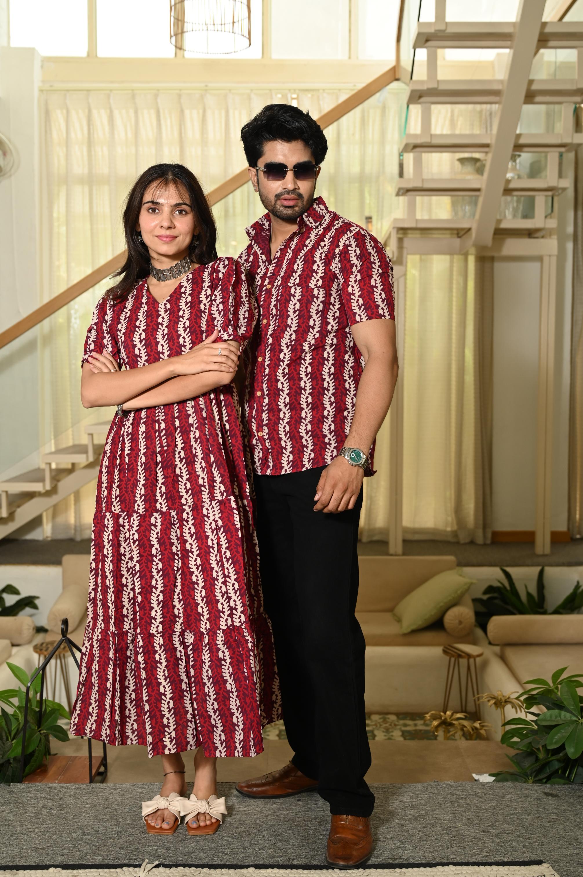 Maroon Vine Hand Block Print Pure Cotton One Piece Dress & Men's Shirt Set