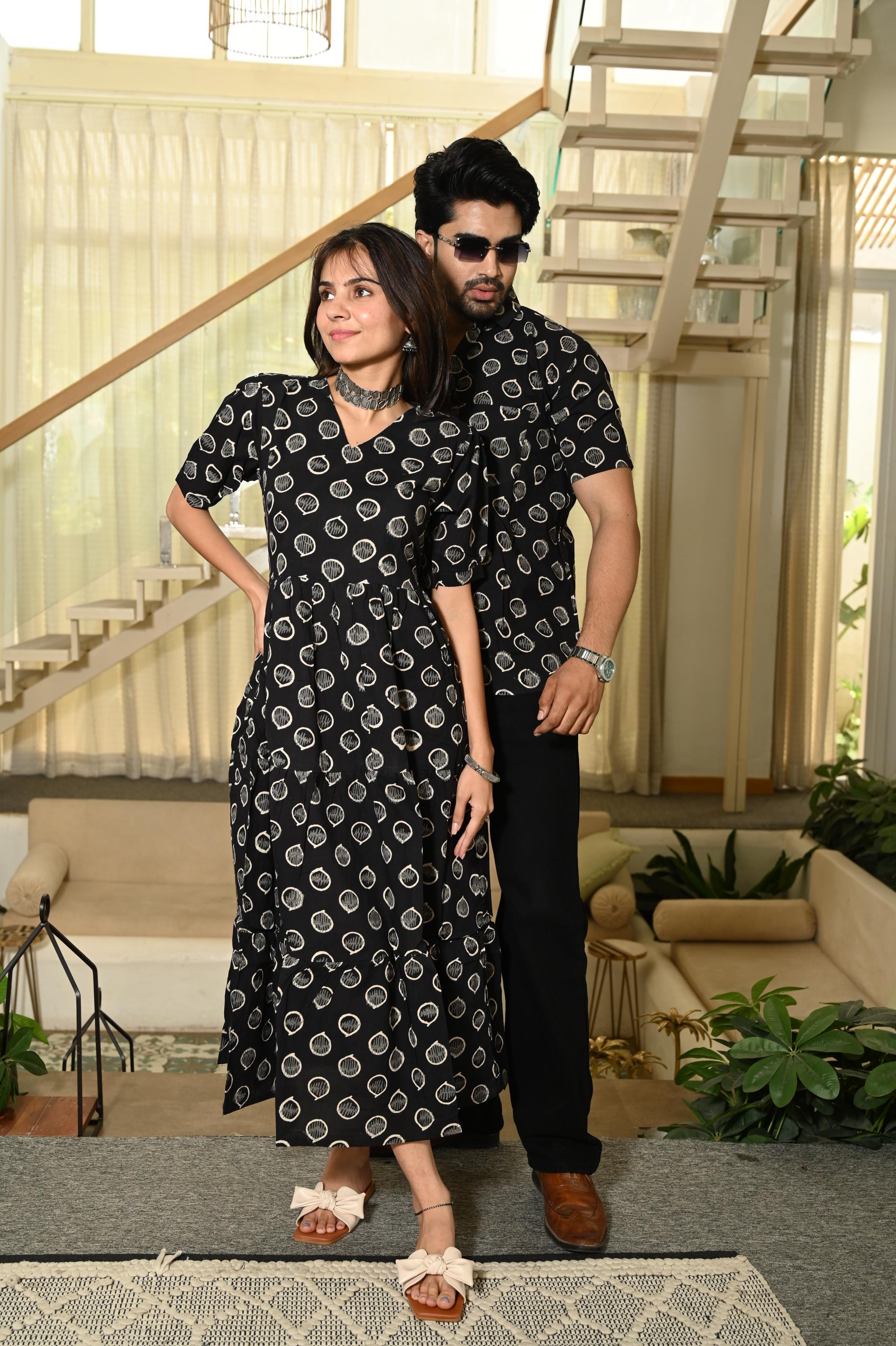 Black Teardrop Block Print Pure Cotton One Piece Dress & Men's Shirt Set