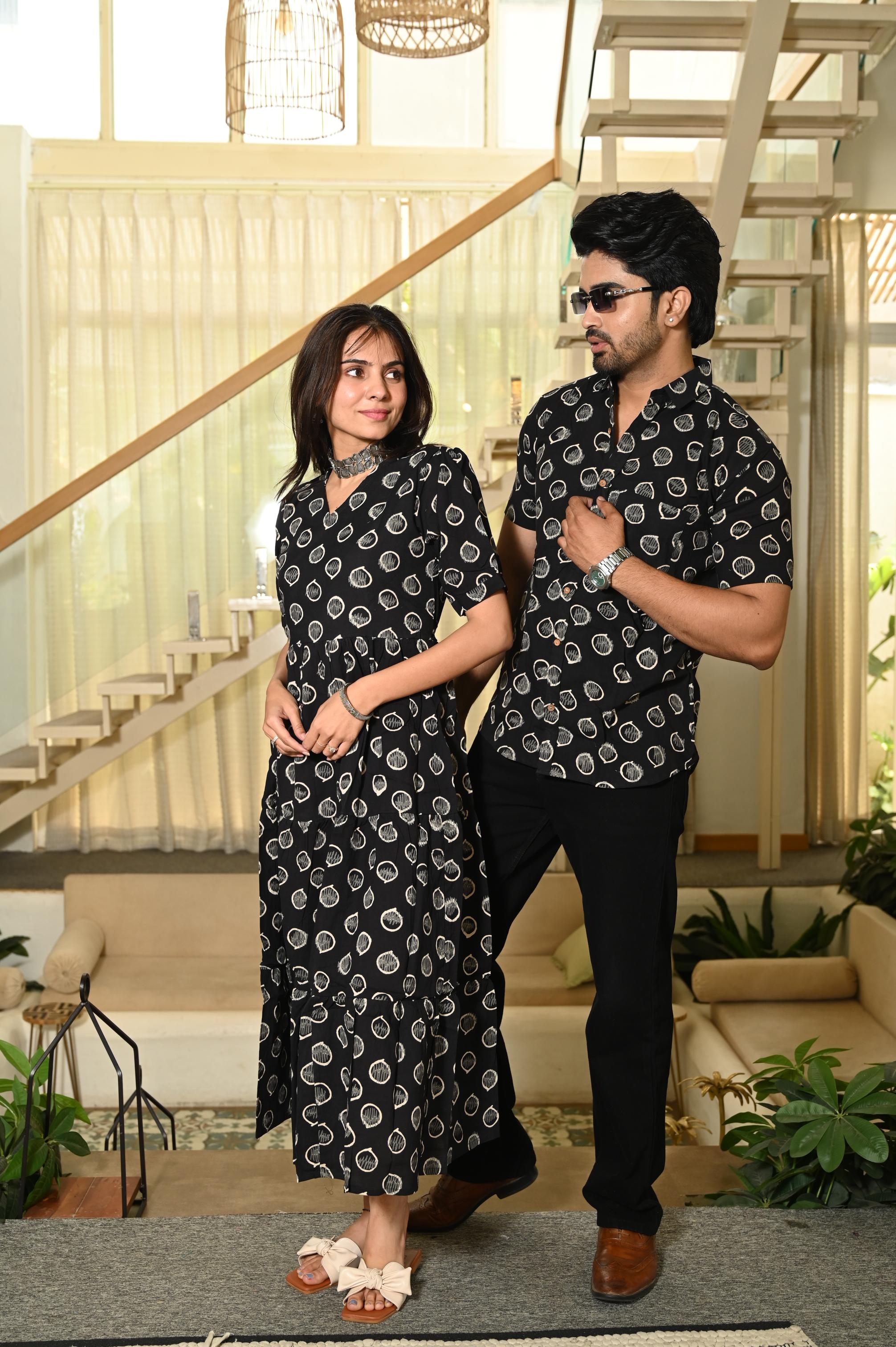 Black Teardrop Block Print Pure Cotton One Piece Dress & Men's Shirt Set