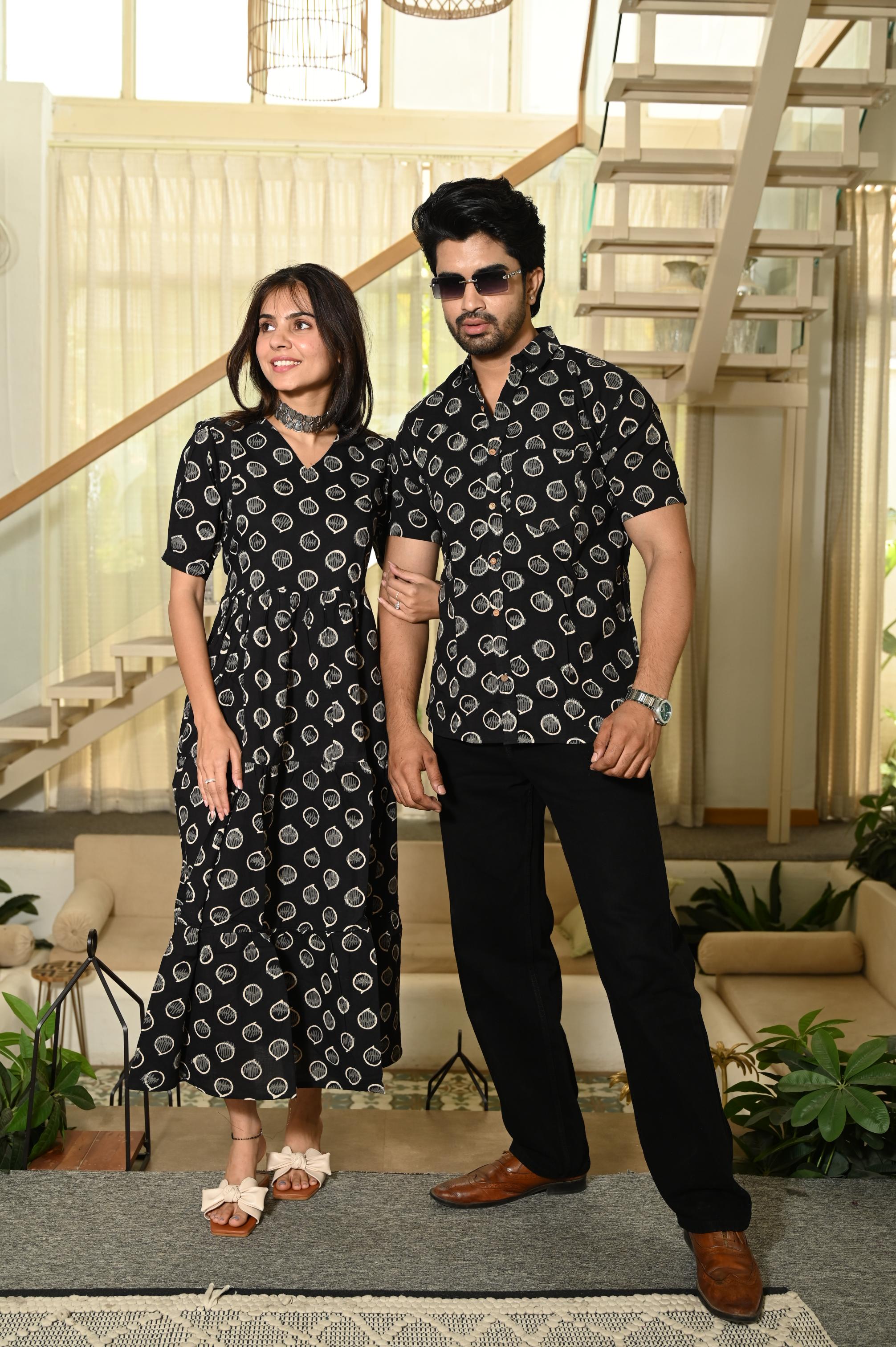 Black Teardrop Block Print Pure Cotton One Piece Dress & Men's Shirt Set