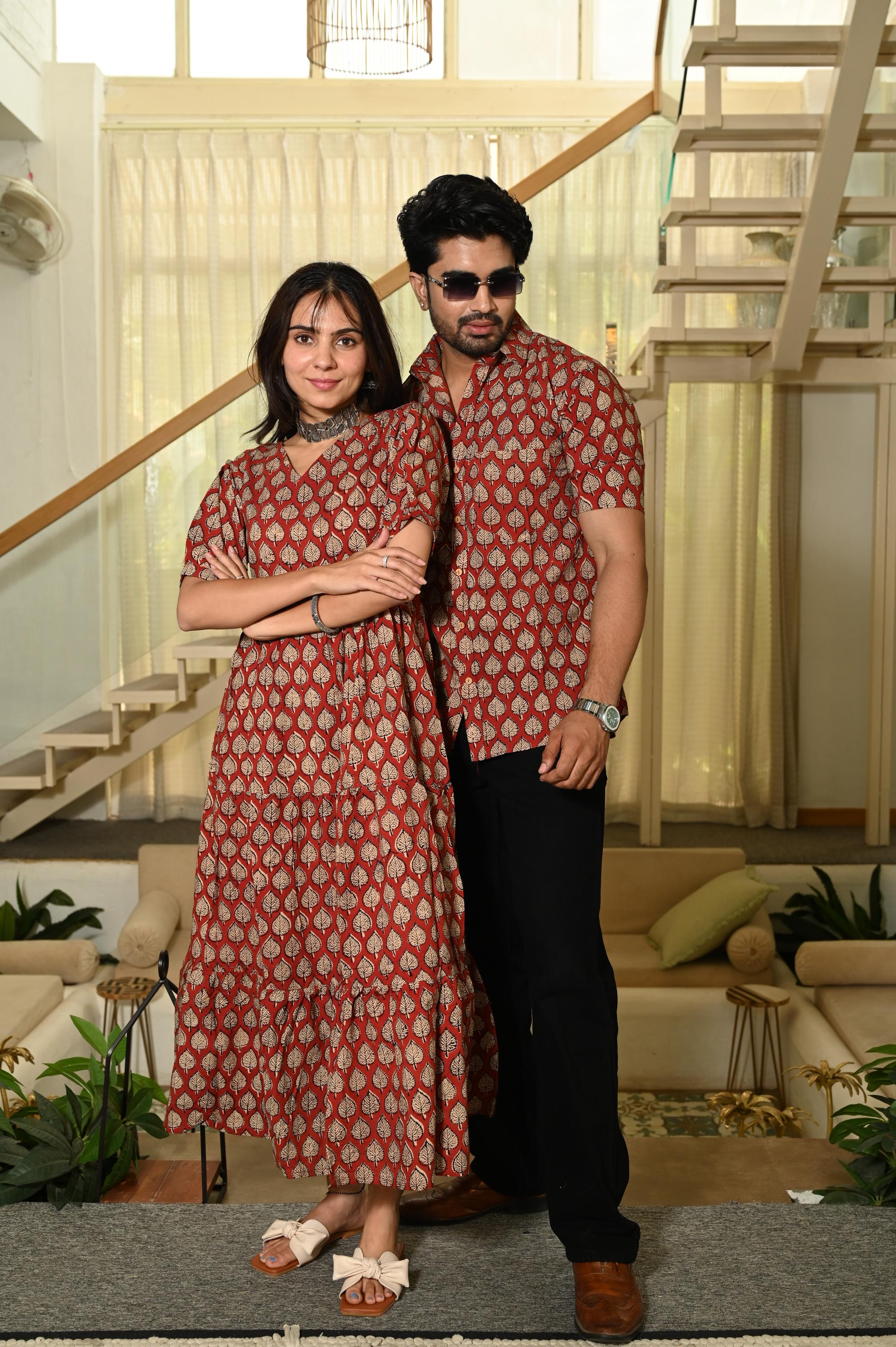 Brick Red Leaf Booti Block Print Pure Cotton One Piece Dress & Men's Shirt Set