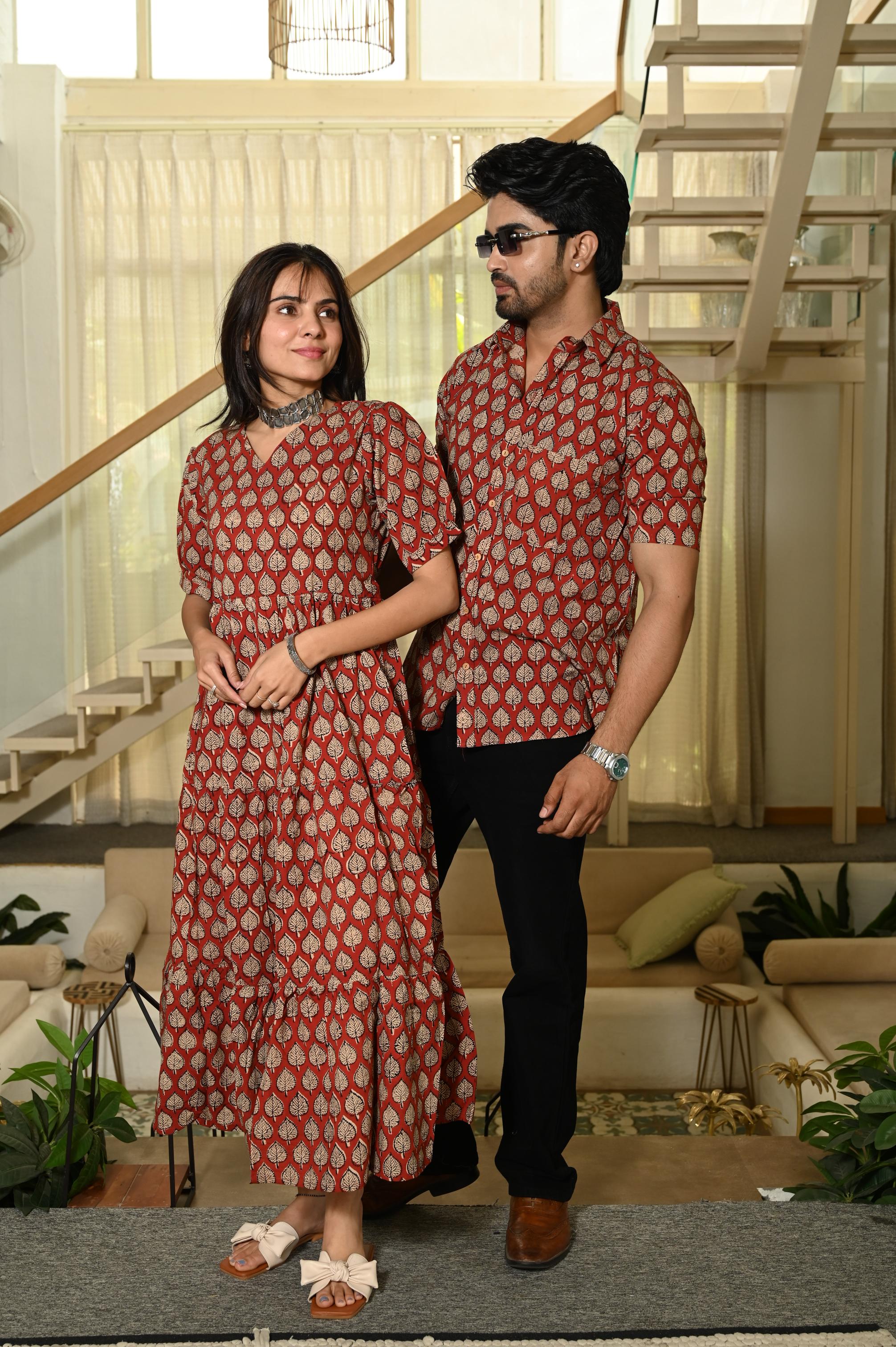 Brick Red Leaf Booti Block Print Pure Cotton One Piece Dress & Men's Shirt Set