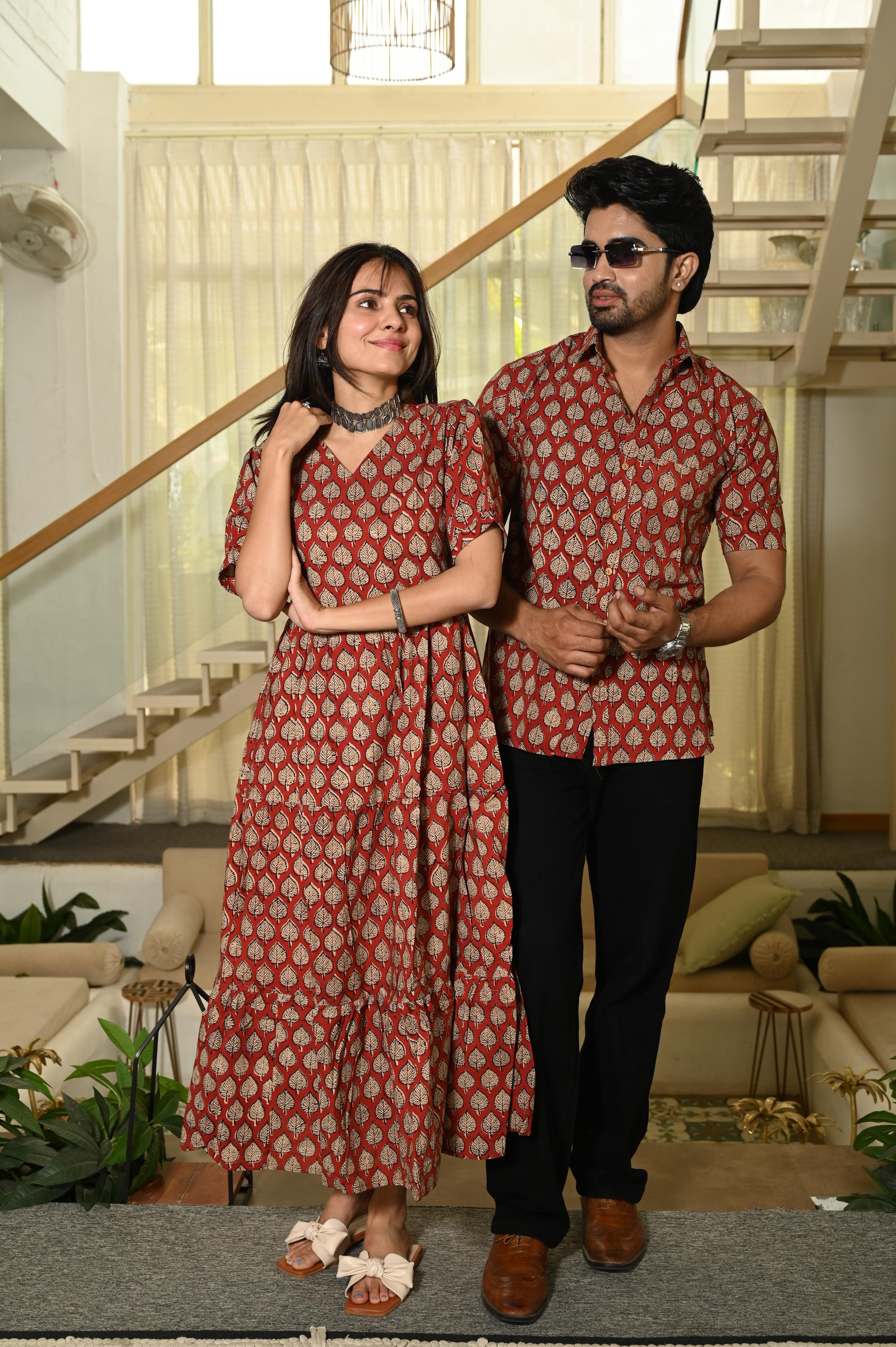 Brick Red Leaf Booti Block Print Pure Cotton One Piece Dress & Men's Shirt Set