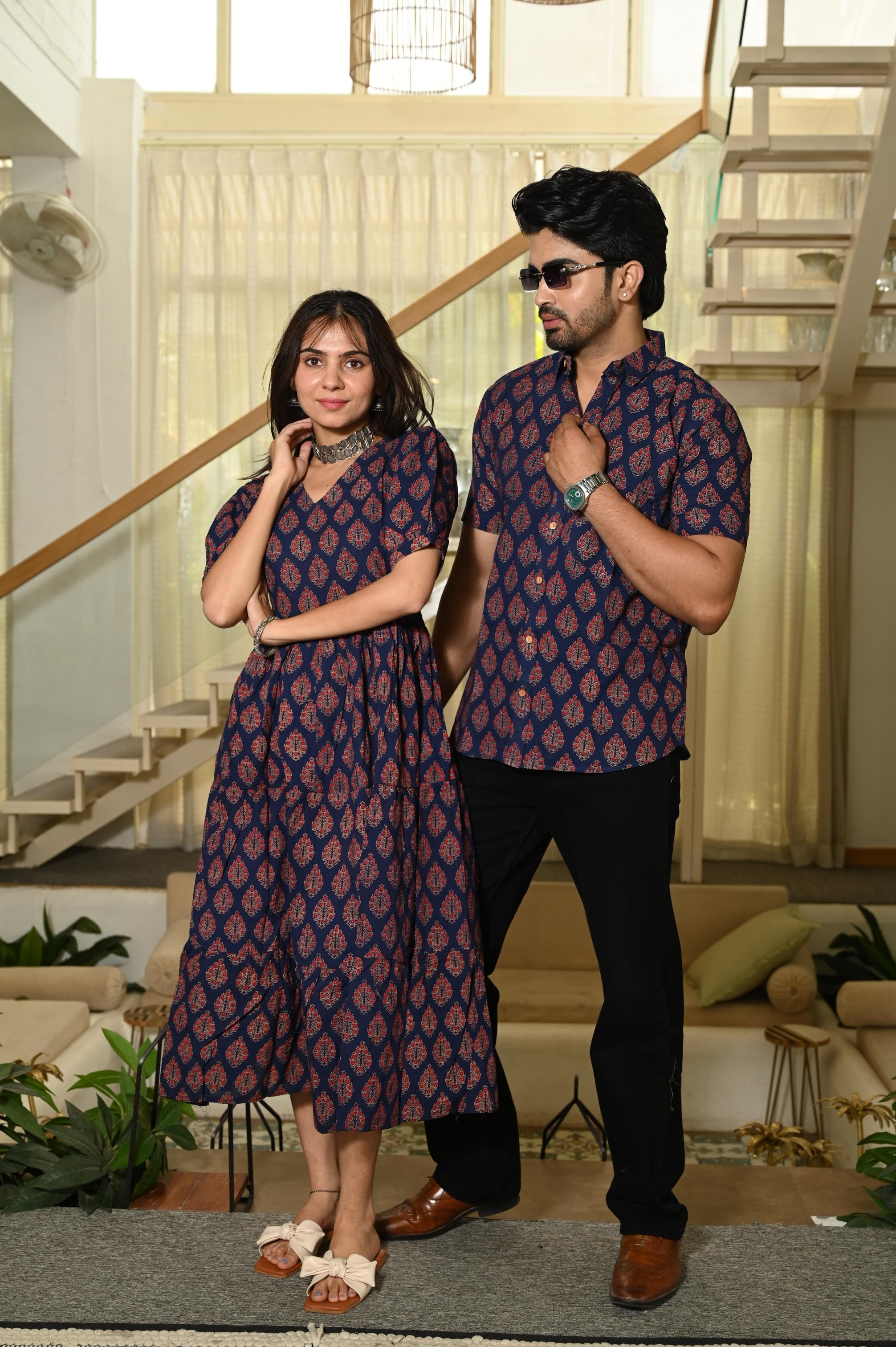 Navy Blue Booti Block Print Pure Cotton One Piece Dress & Men's Shirt Set