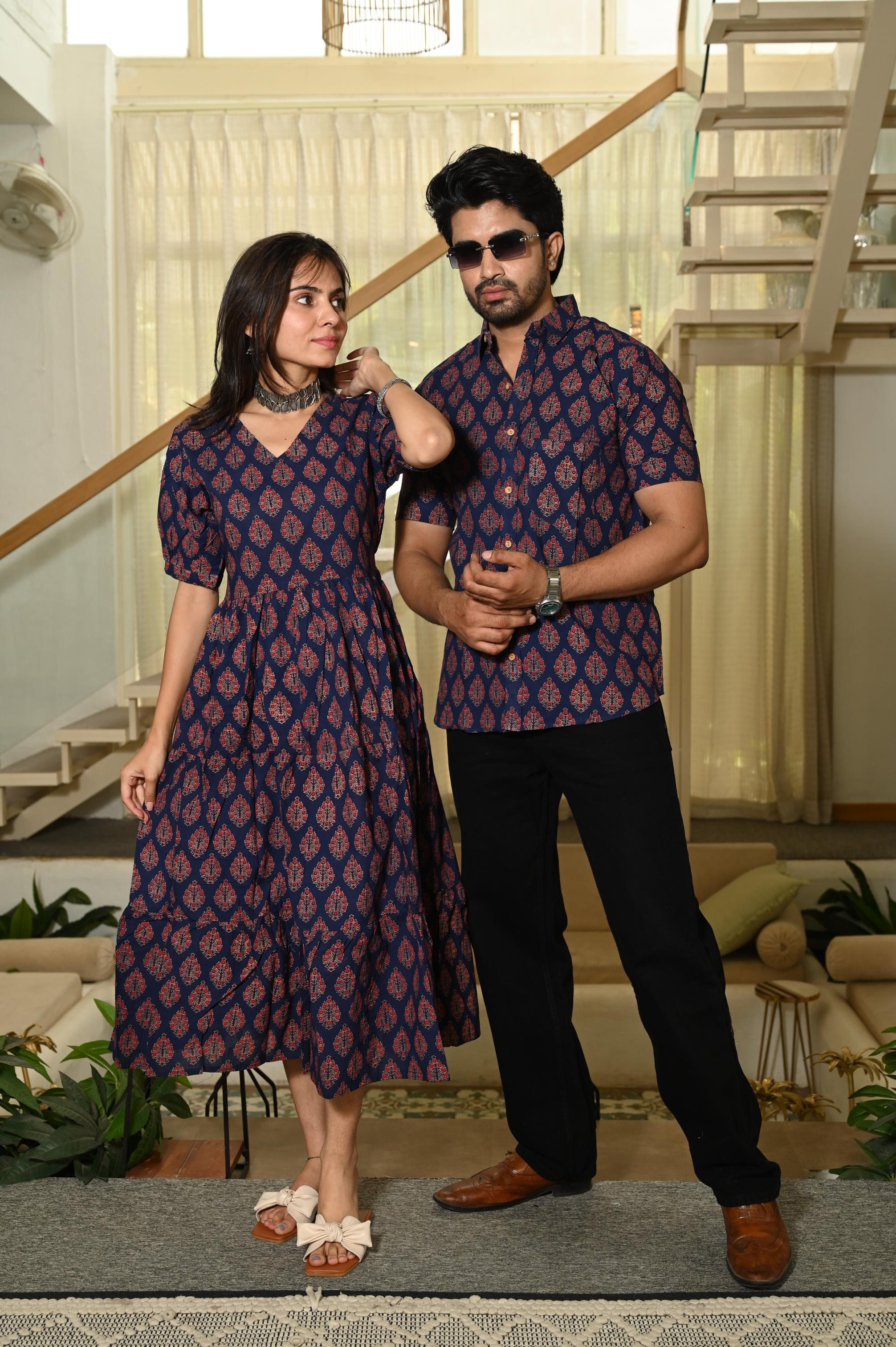 Navy Blue Booti Block Print Pure Cotton One Piece Dress & Men's Shirt Set