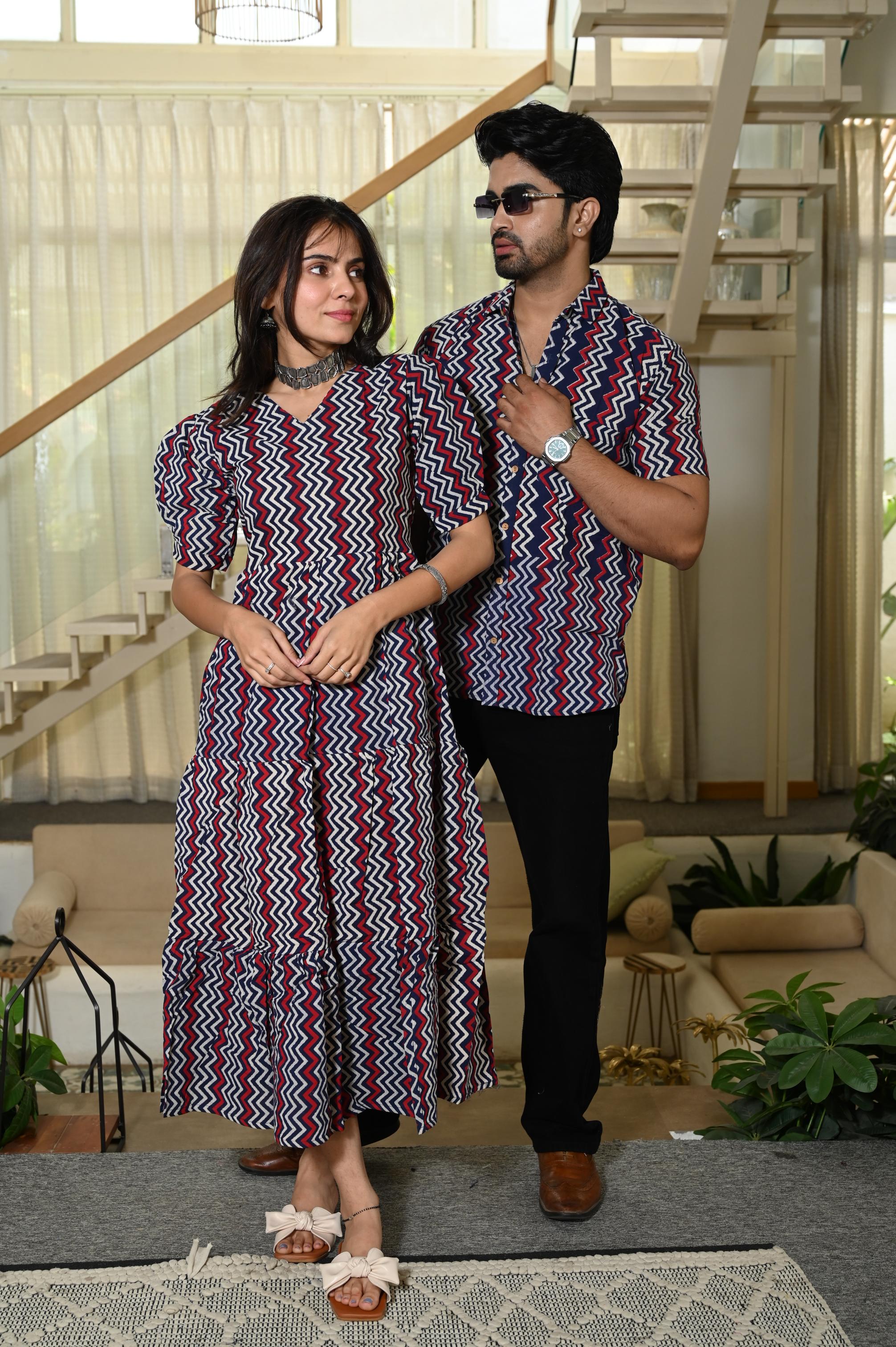 Navy Blue Chevron Zig-Zag Hand Block Print Pure Cotton One Piece Dress & Men's Shirt Set