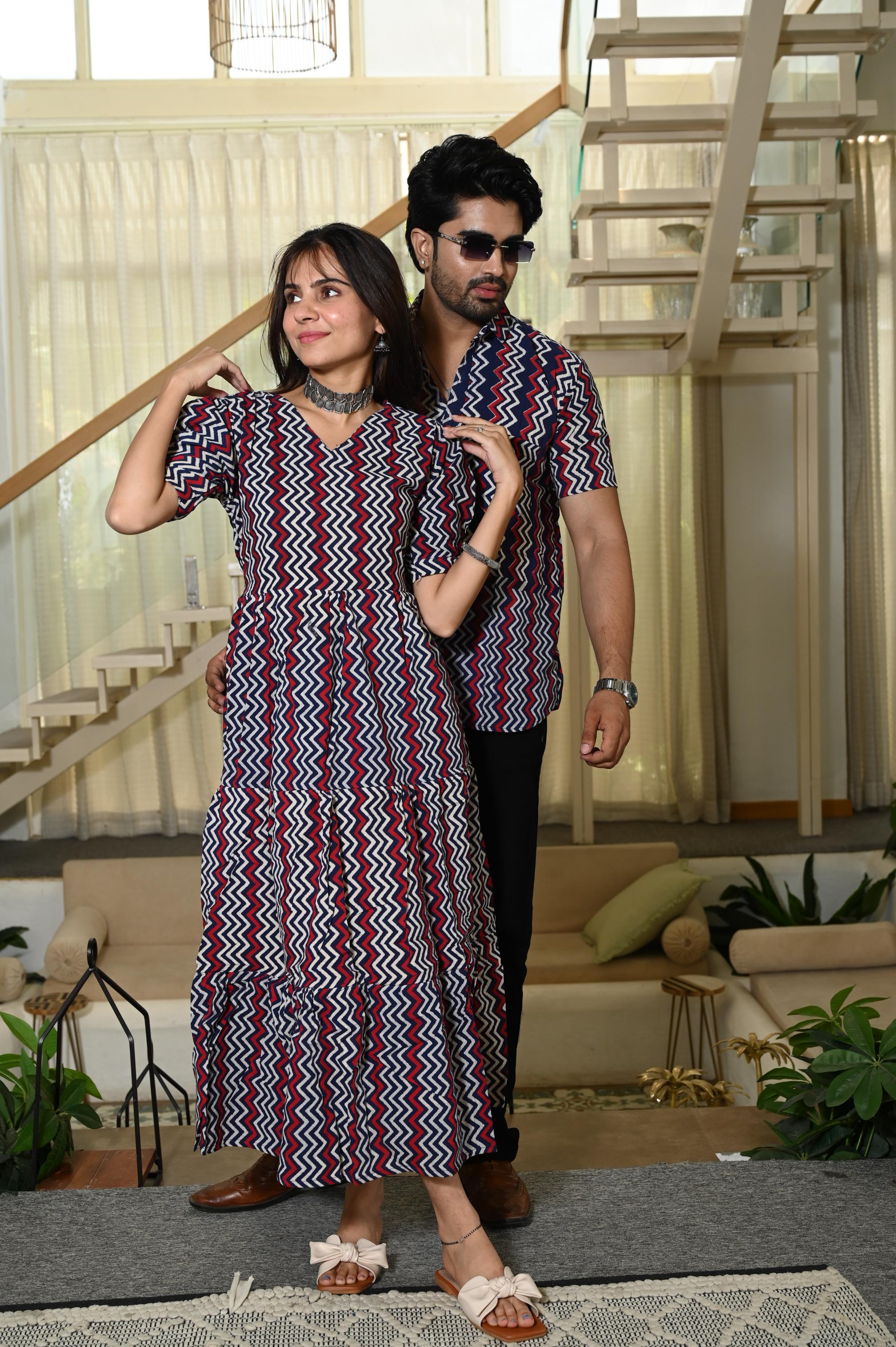 Navy Blue Chevron Zig-Zag Hand Block Print Pure Cotton One Piece Dress & Men's Shirt Set