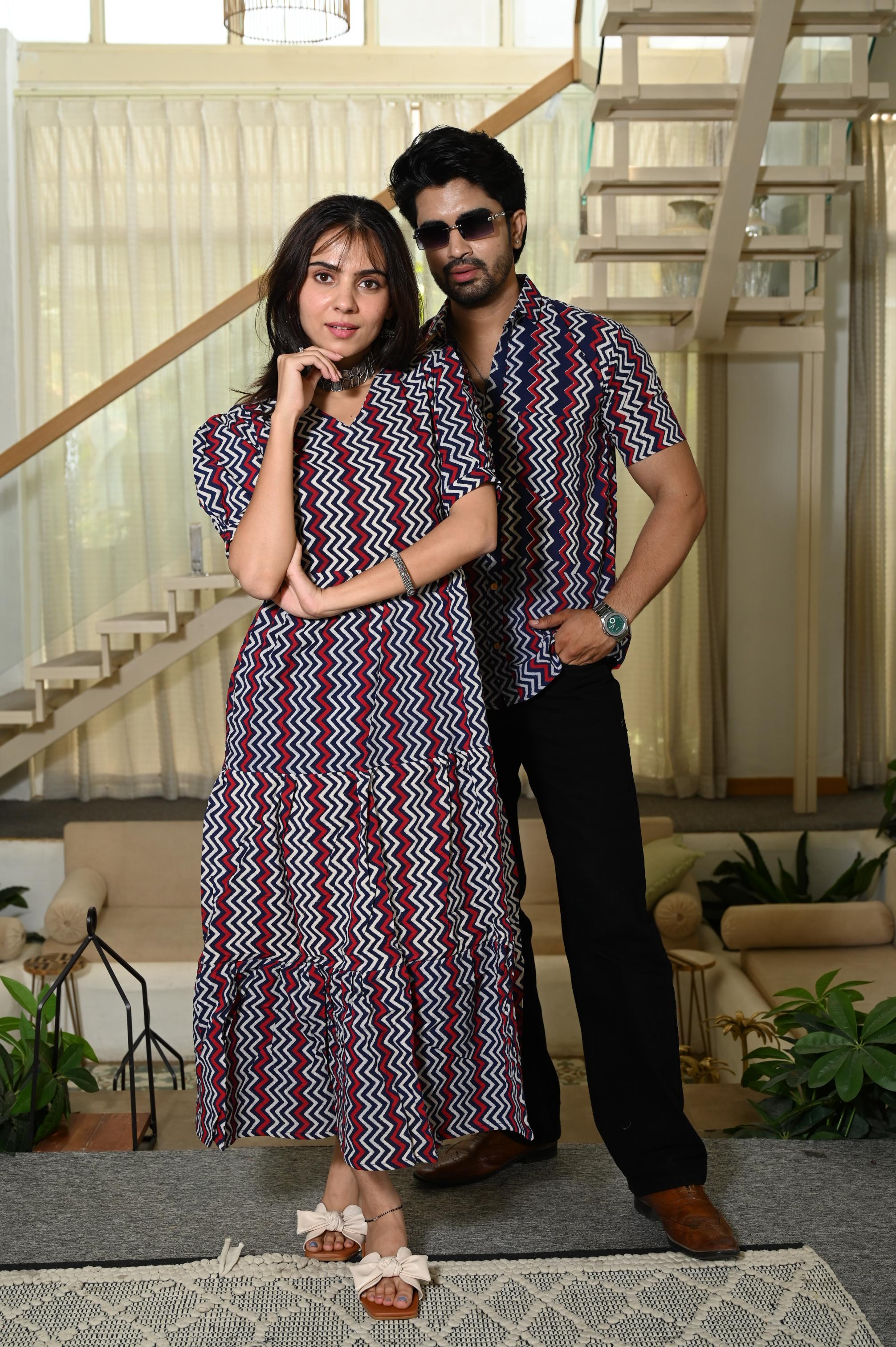 Navy Blue Chevron Zig-Zag Hand Block Print Pure Cotton One Piece Dress & Men's Shirt Set