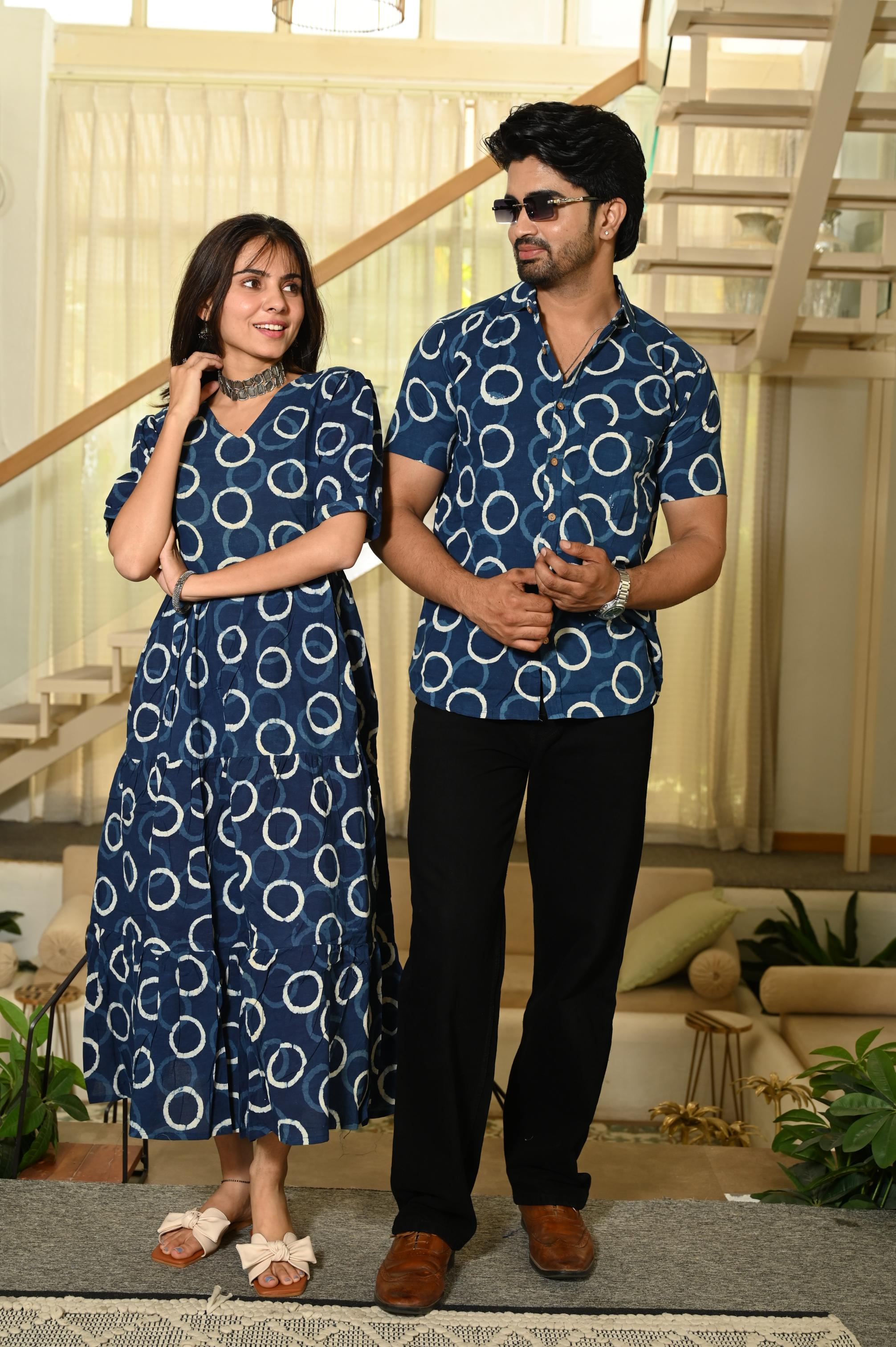 Indigo Blue Ring Block Print Pure Cotton One Piece Dress & Men's Shirt Set