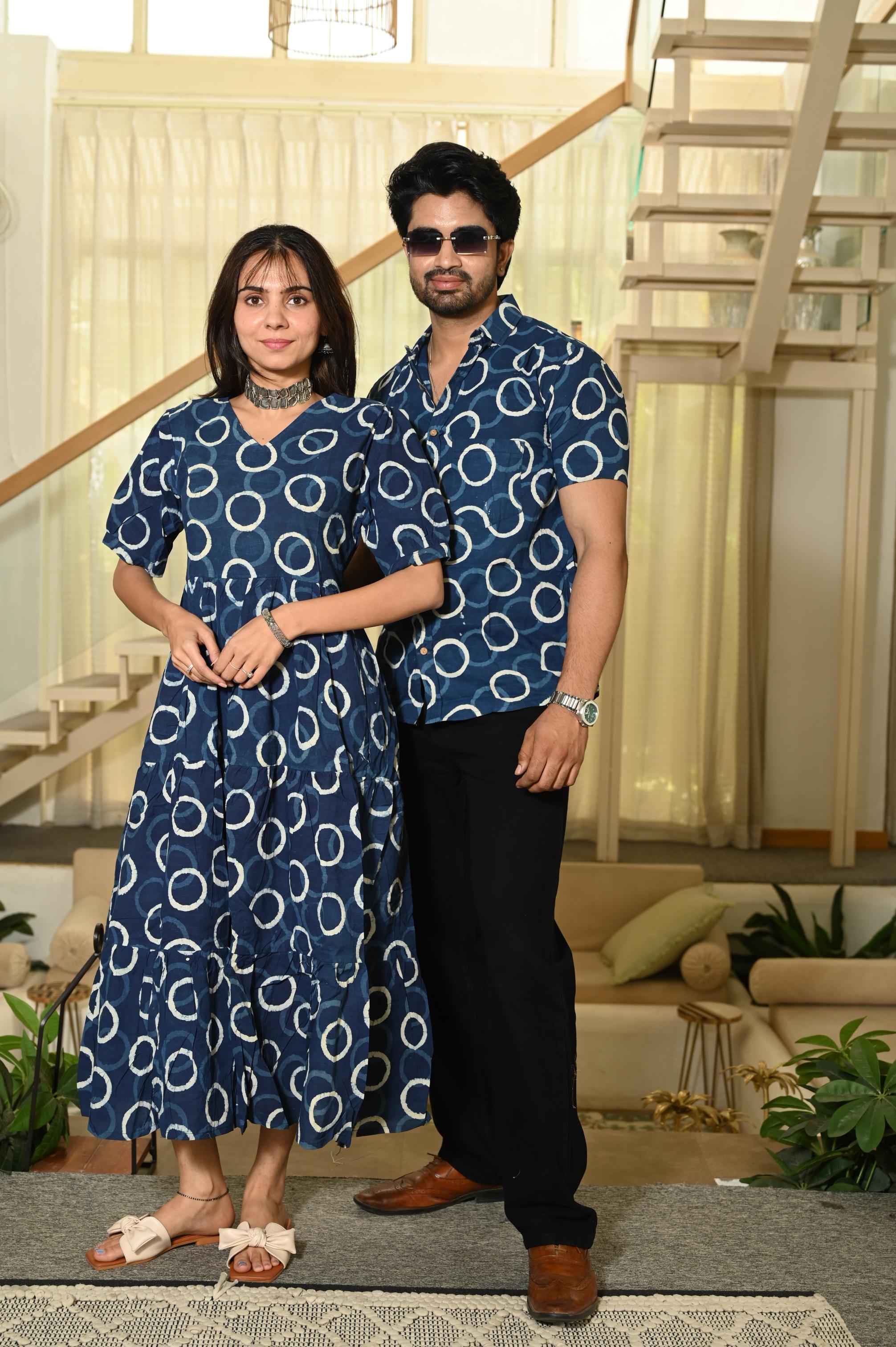 Indigo Blue Ring Block Print Pure Cotton One Piece Dress & Men's Shirt Set
