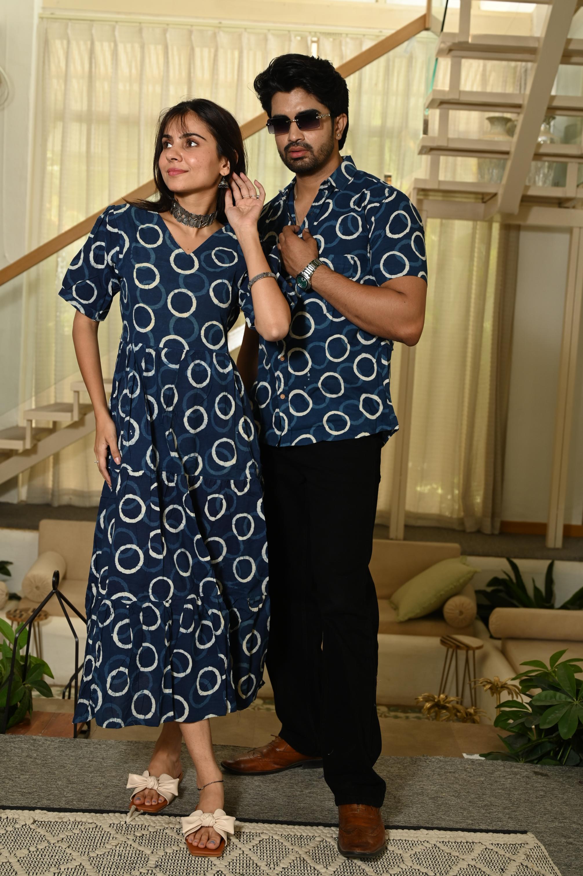 Indigo Blue Ring Block Print Pure Cotton One Piece Dress & Men's Shirt Set