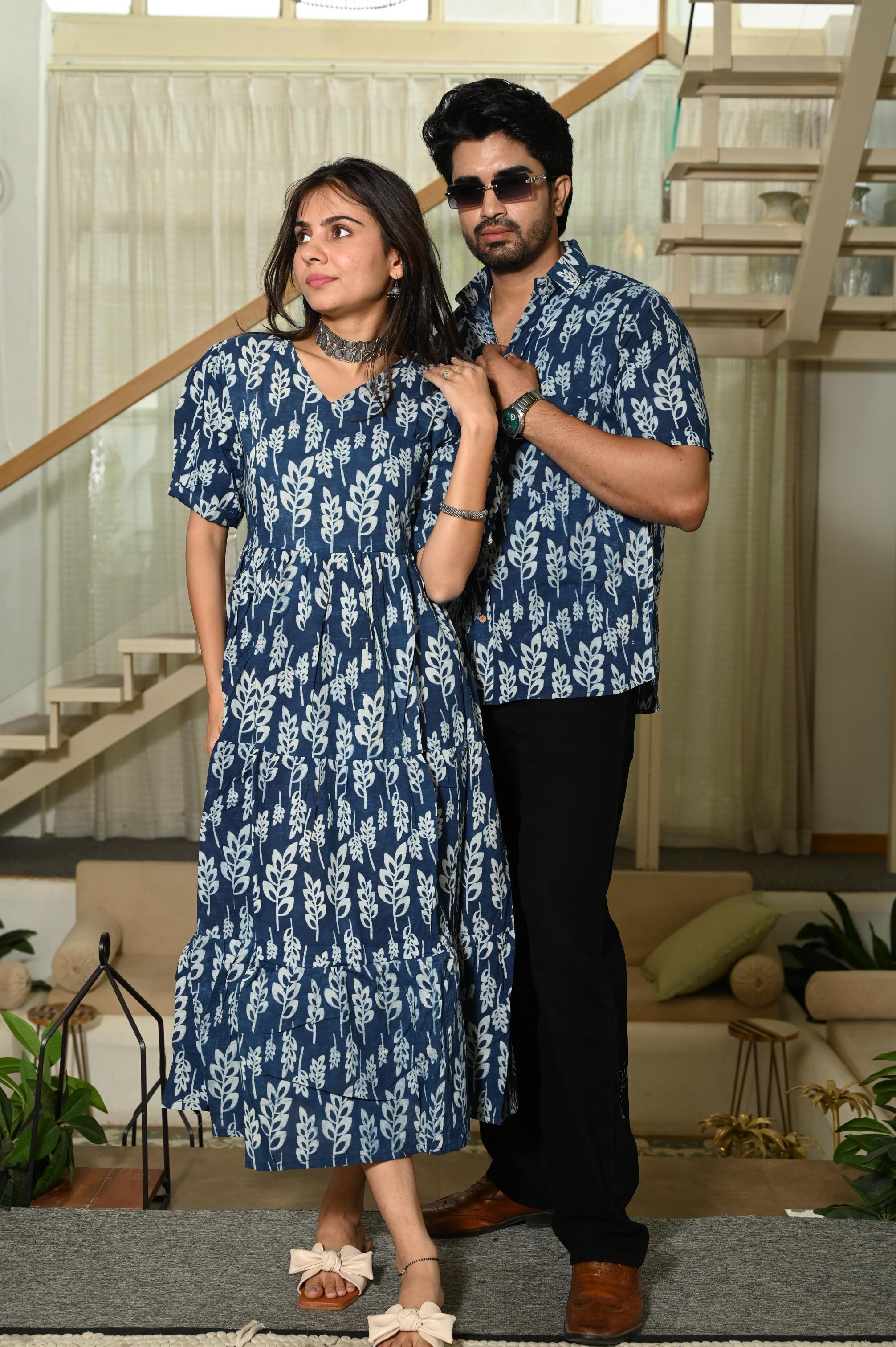 Indigo Blue Botanical Leaf Hand Block Print Pure Cotton One Piece Dress & Men's Shirt Set