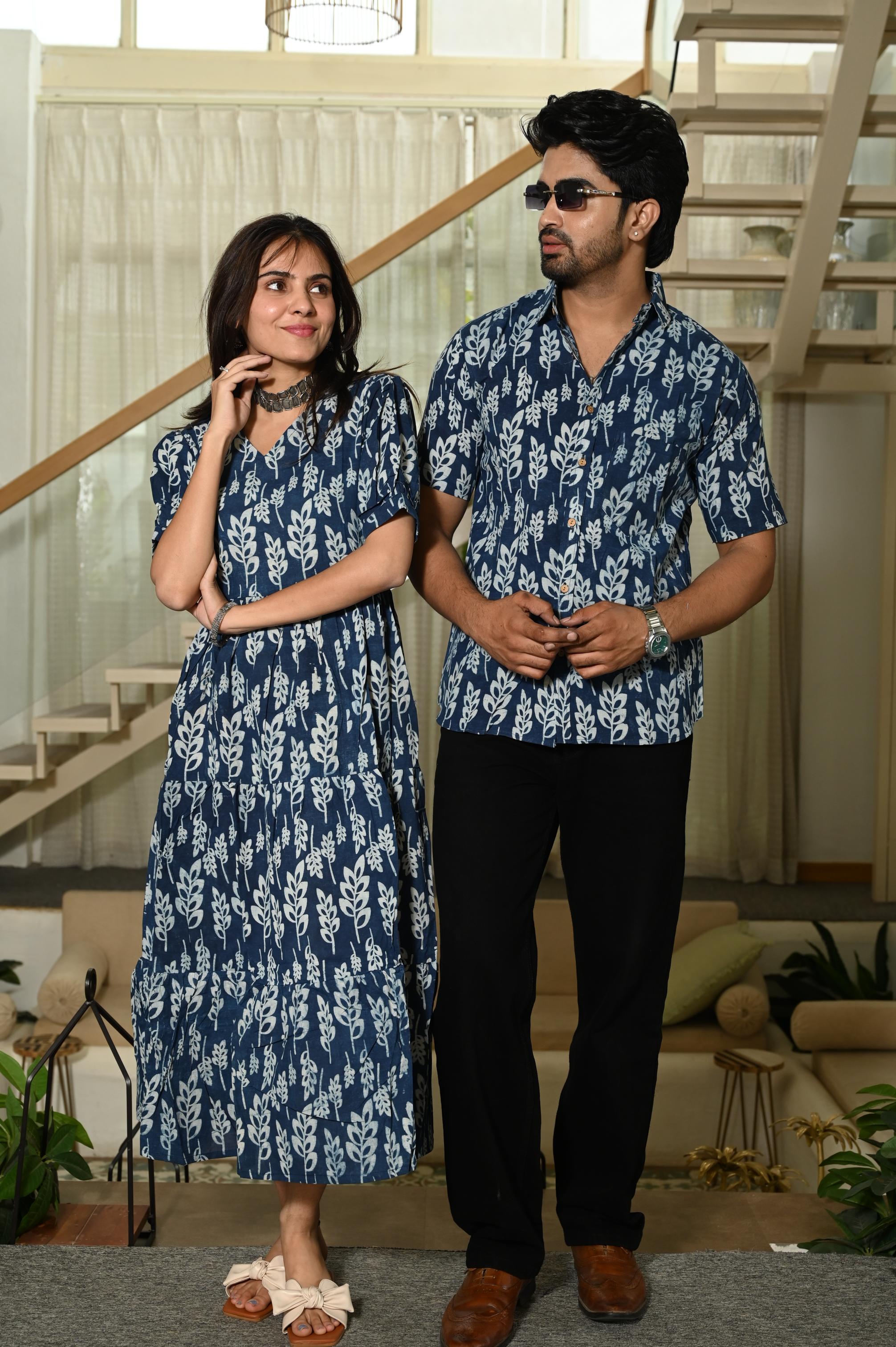 Indigo Blue Botanical Leaf Hand Block Print Pure Cotton One Piece Dress & Men's Shirt Set