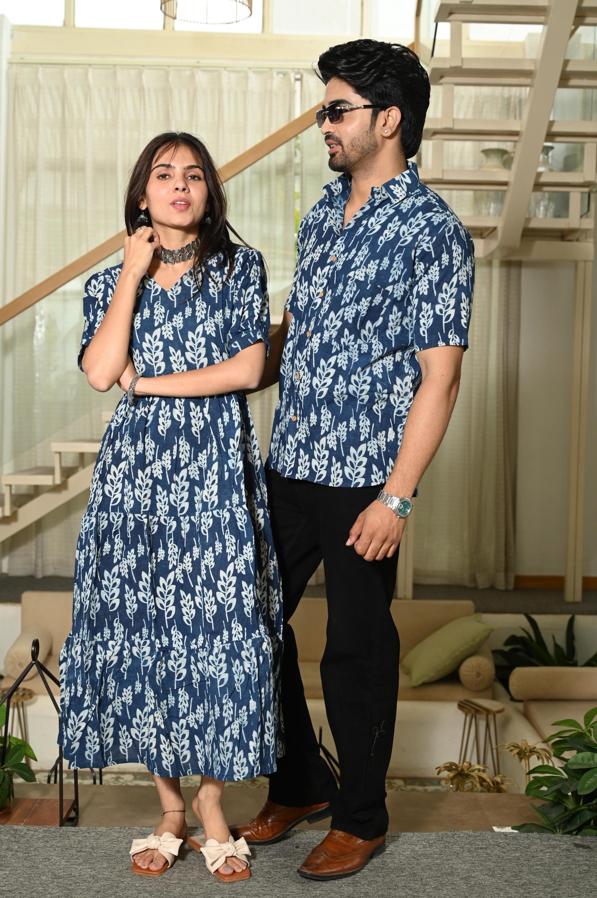 Indigo Blue Botanical Leaf Hand Block Print Pure Cotton One Piece Dress & Men's Shirt Set