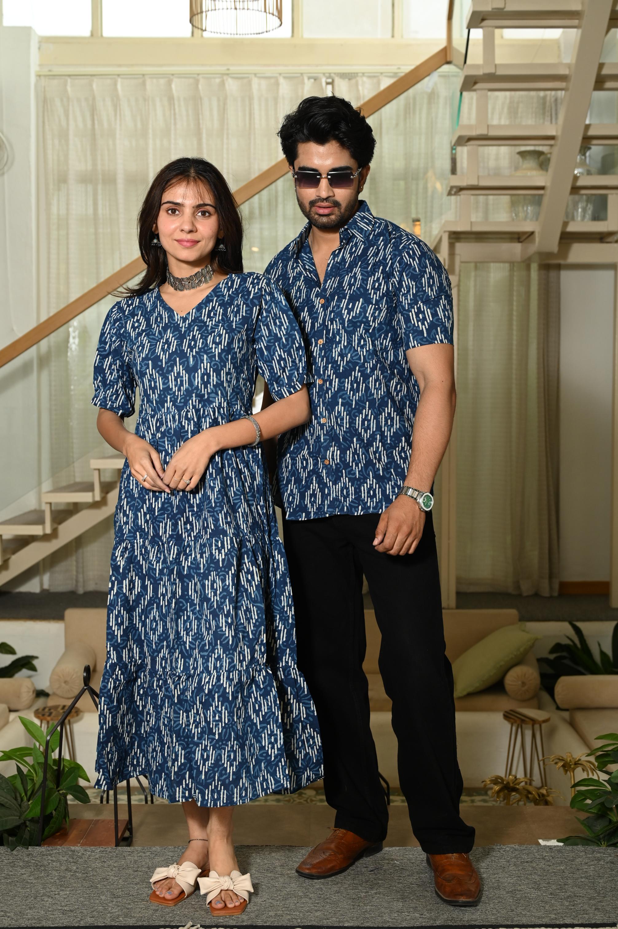Indigo Blue Abstract Ikat Print Pure Cotton One Piece Dress & Men's Shirt Set