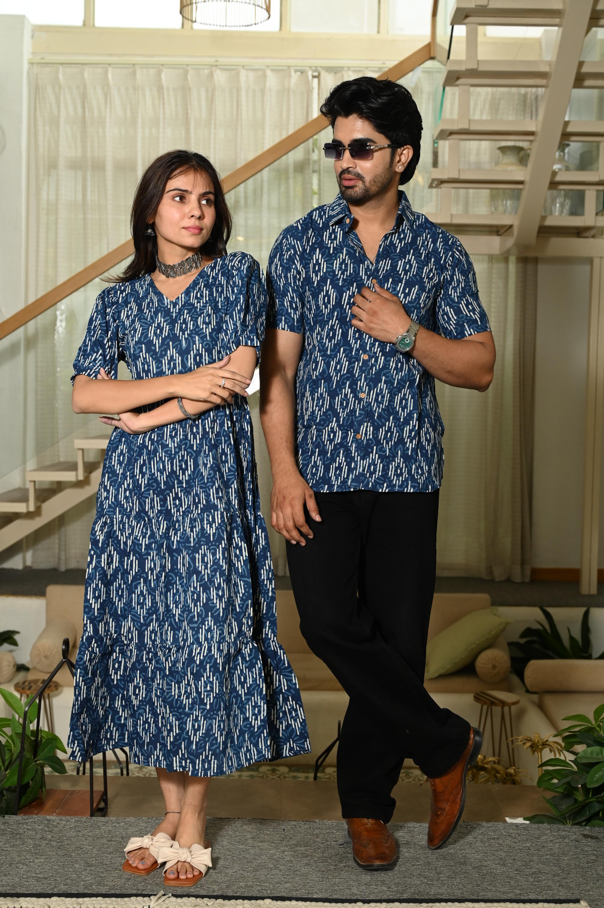 Indigo Blue Abstract Ikat Print Pure Cotton One Piece Dress & Men's Shirt Set