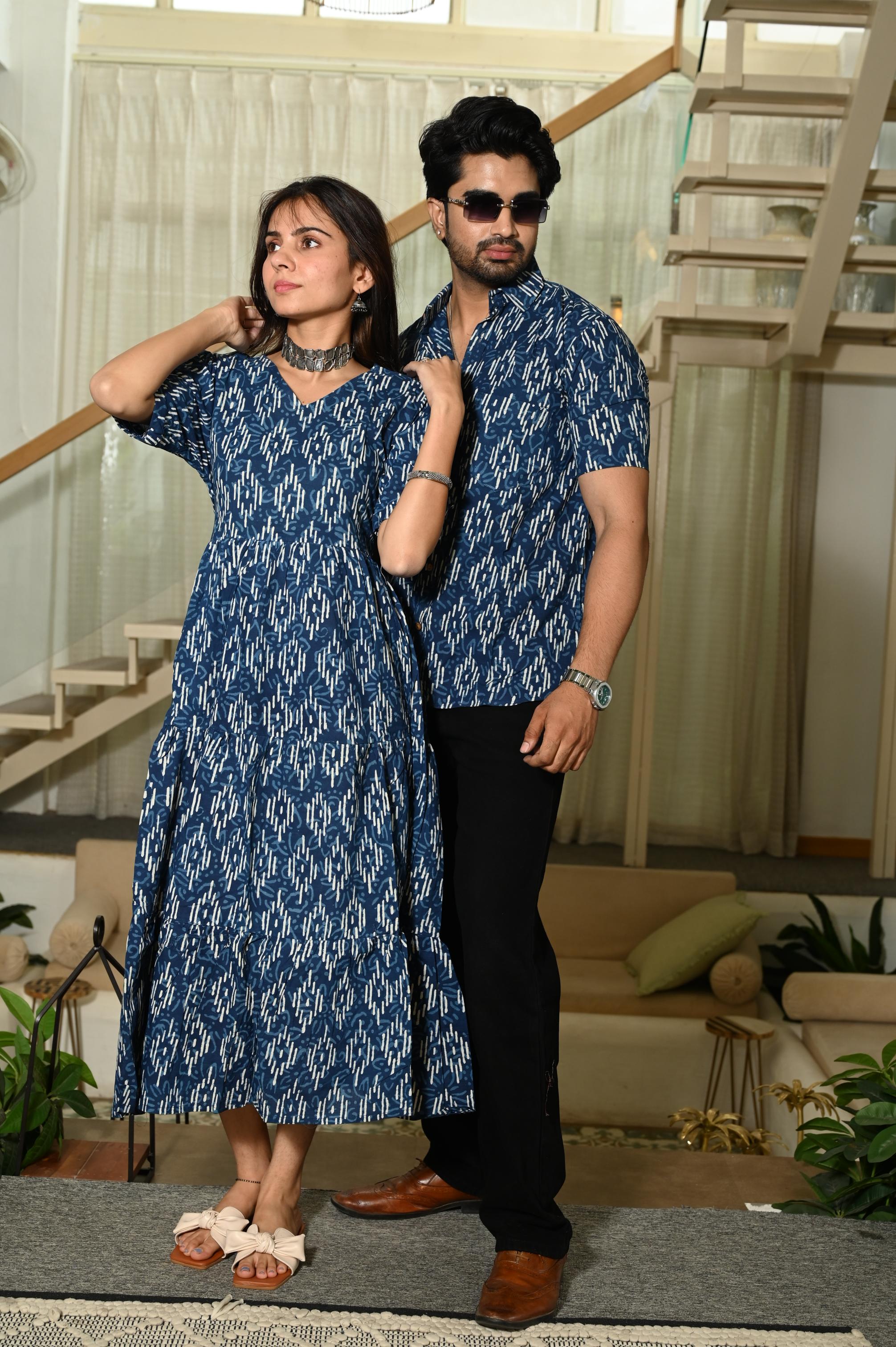 Indigo Blue Abstract Ikat Print Pure Cotton One Piece Dress & Men's Shirt Set