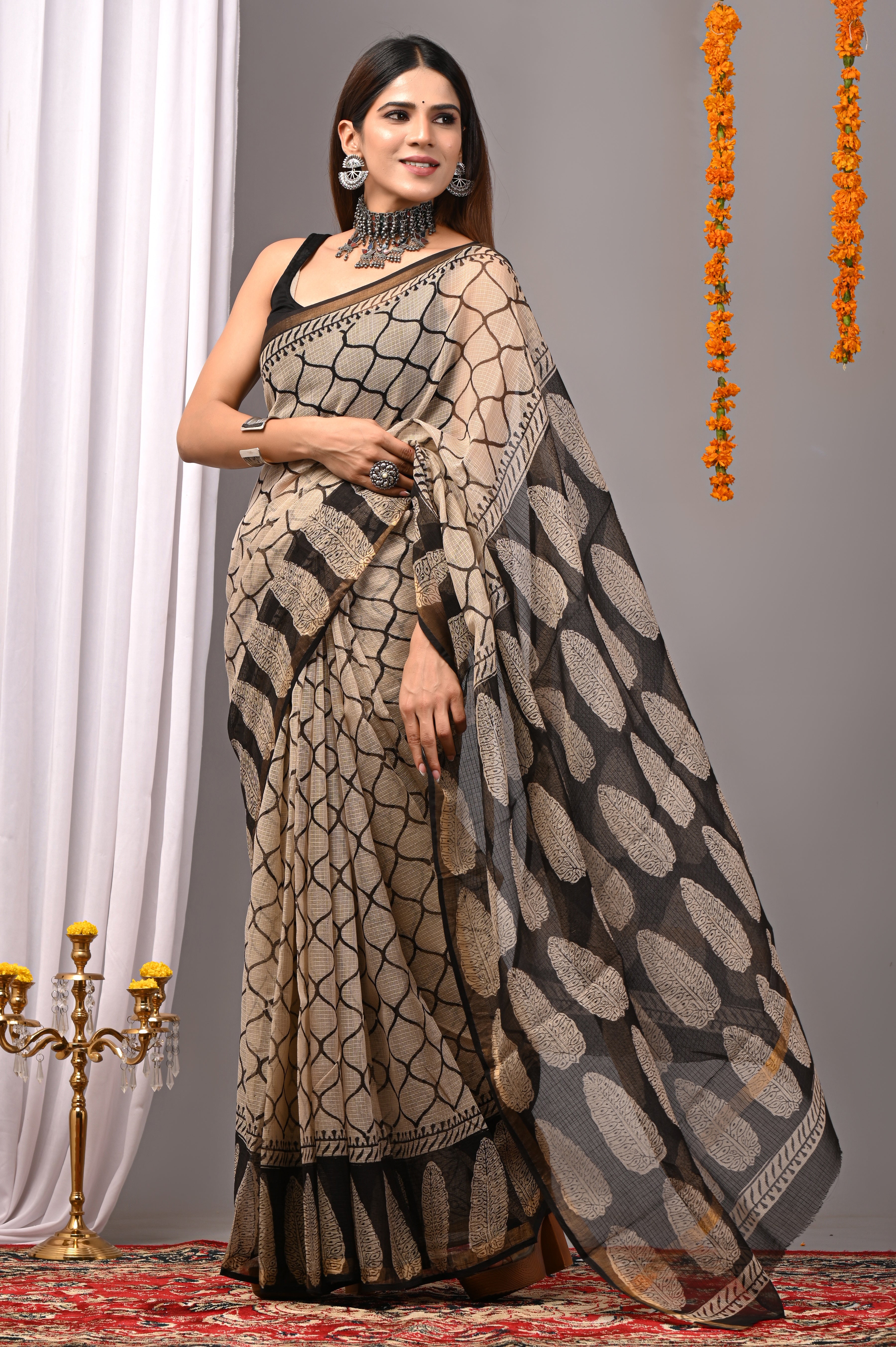 Beige & Black Leaf Kota Doria Saree