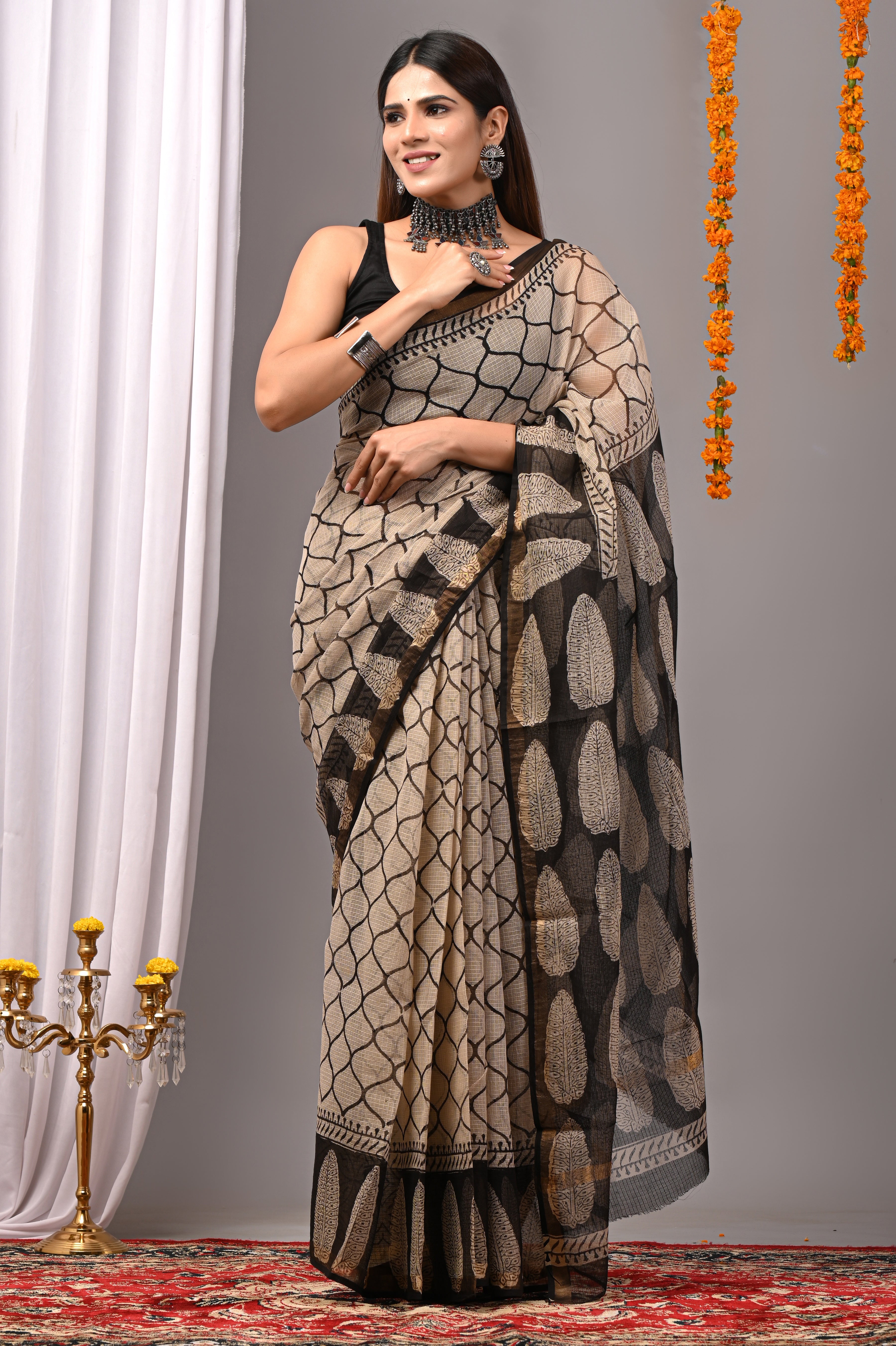 Beige & Black Leaf Kota Doria Saree