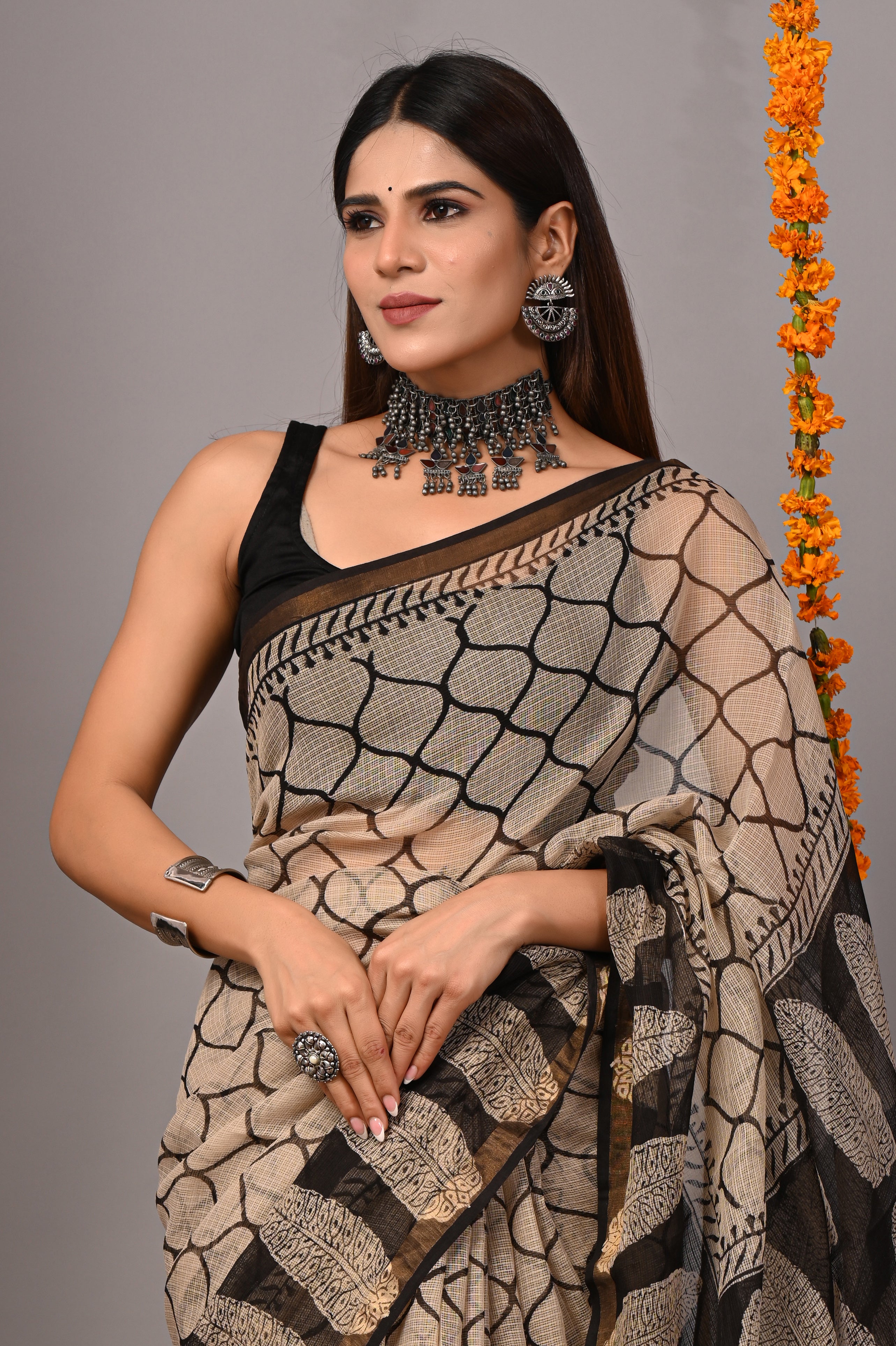 Beige & Black Leaf Kota Doria Saree